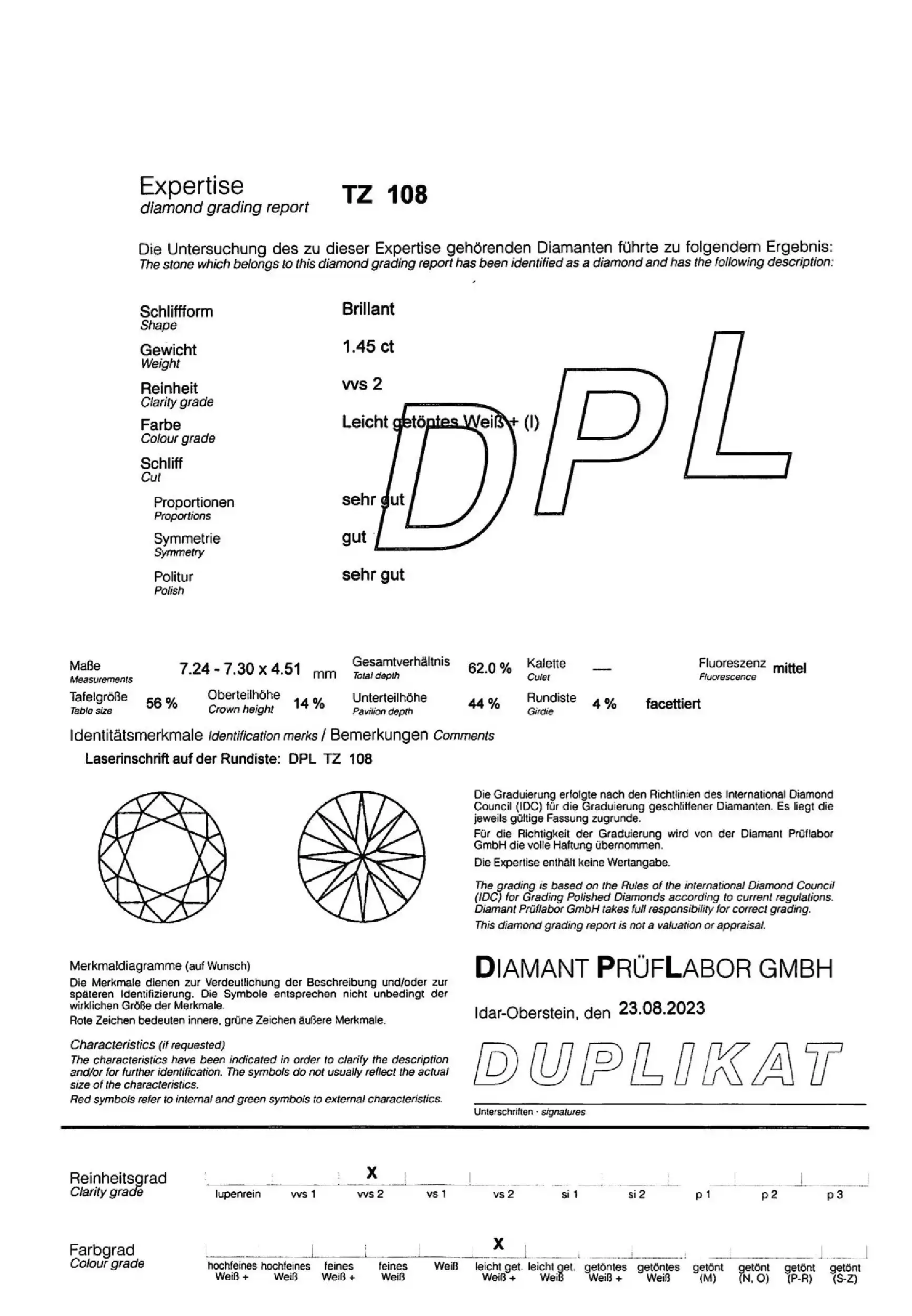 Loser Brillant 1,451ct I/VVS2 SG/G/SG, eingeschweißt mit Expertise von DPL Loser Brillant 1,451ct I/VVS2 SG/G/SG, eingeschweißt mit Expertise von DPL