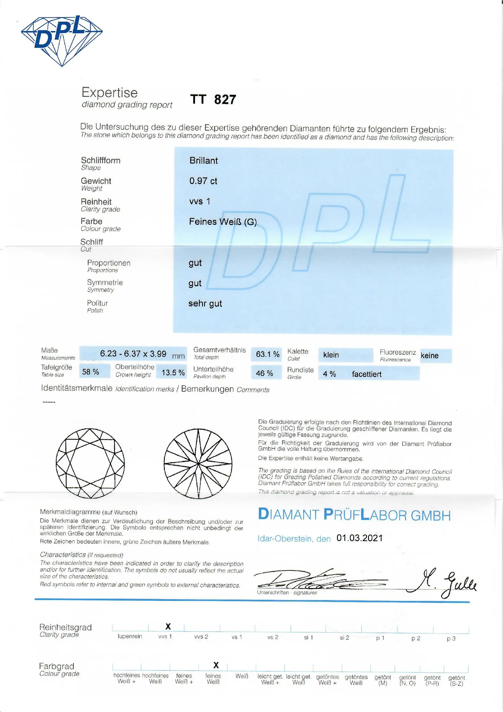 Loser Brillant 0,97ct Feines Weiß (G) VVS1 mit DPL Expertise Loser Brillant 0,97ct Feines Weiß (G) VVS1 mit DPL Expertise