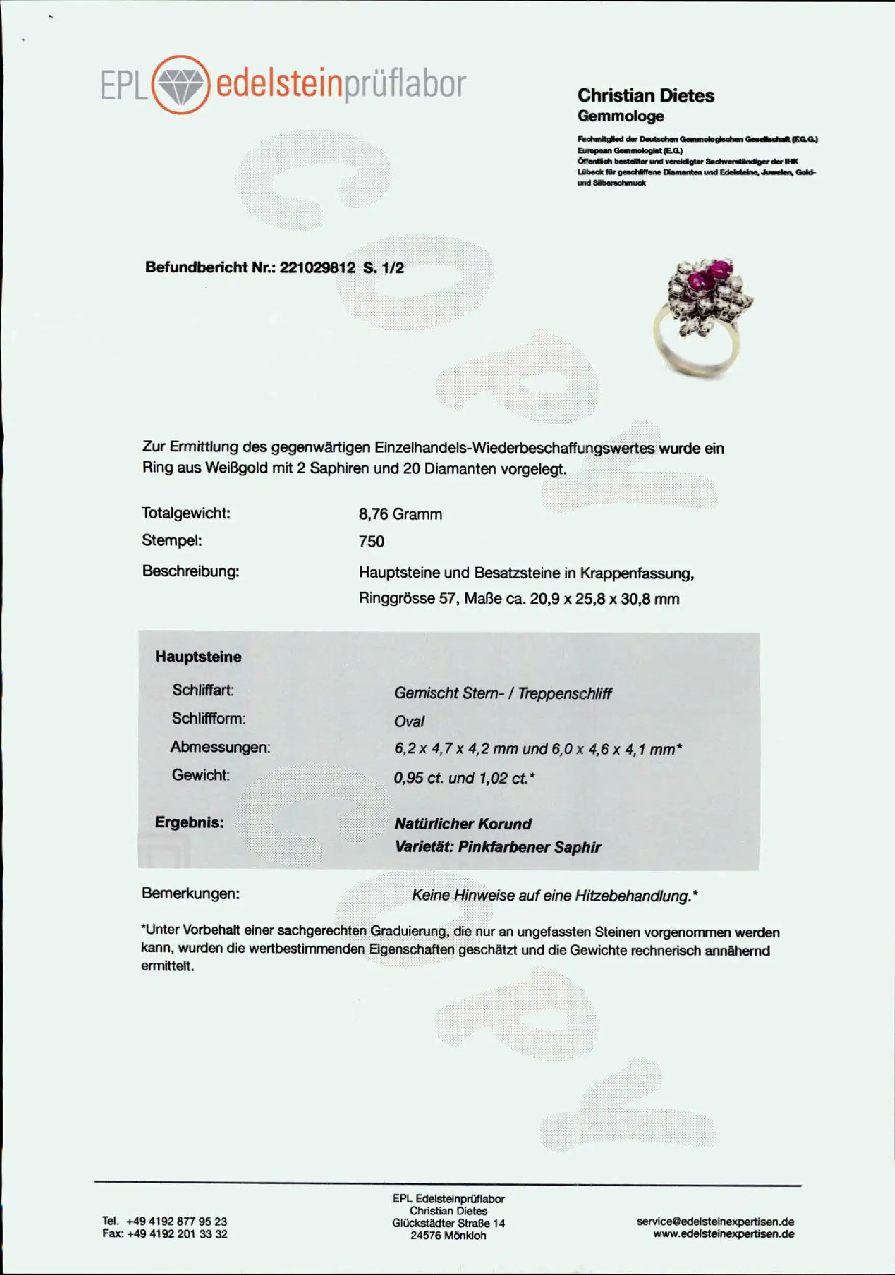 Ring Weißgold mit pinken Saphiren und Diamanten ca. 2,0ct mit Expertise von EPL Ring Weißgold mit pinken Saphiren und Diamanten ca. 2,0ct mit Expertise von EPL