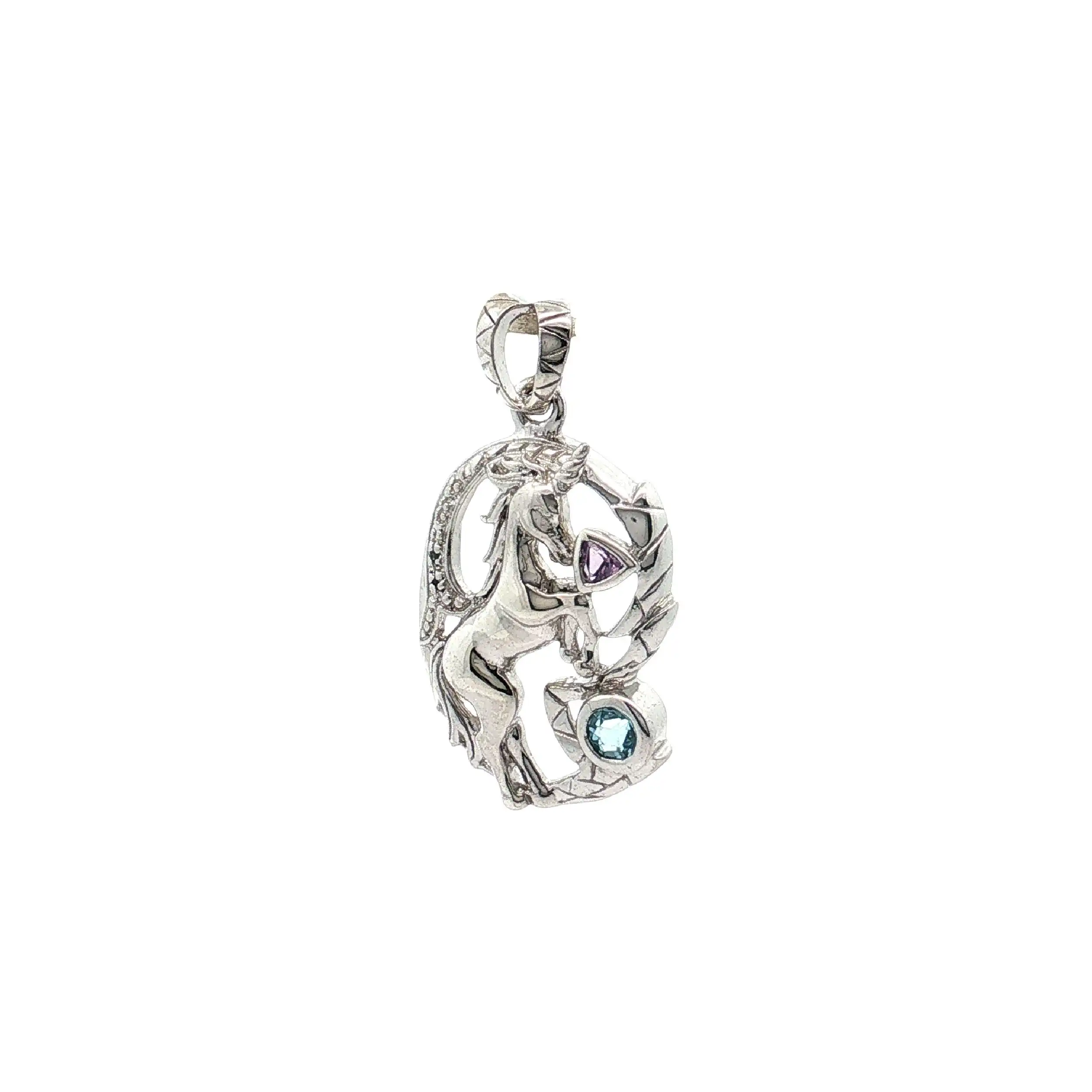 Anhänger Silber Pferd mit blauem und lila Stein