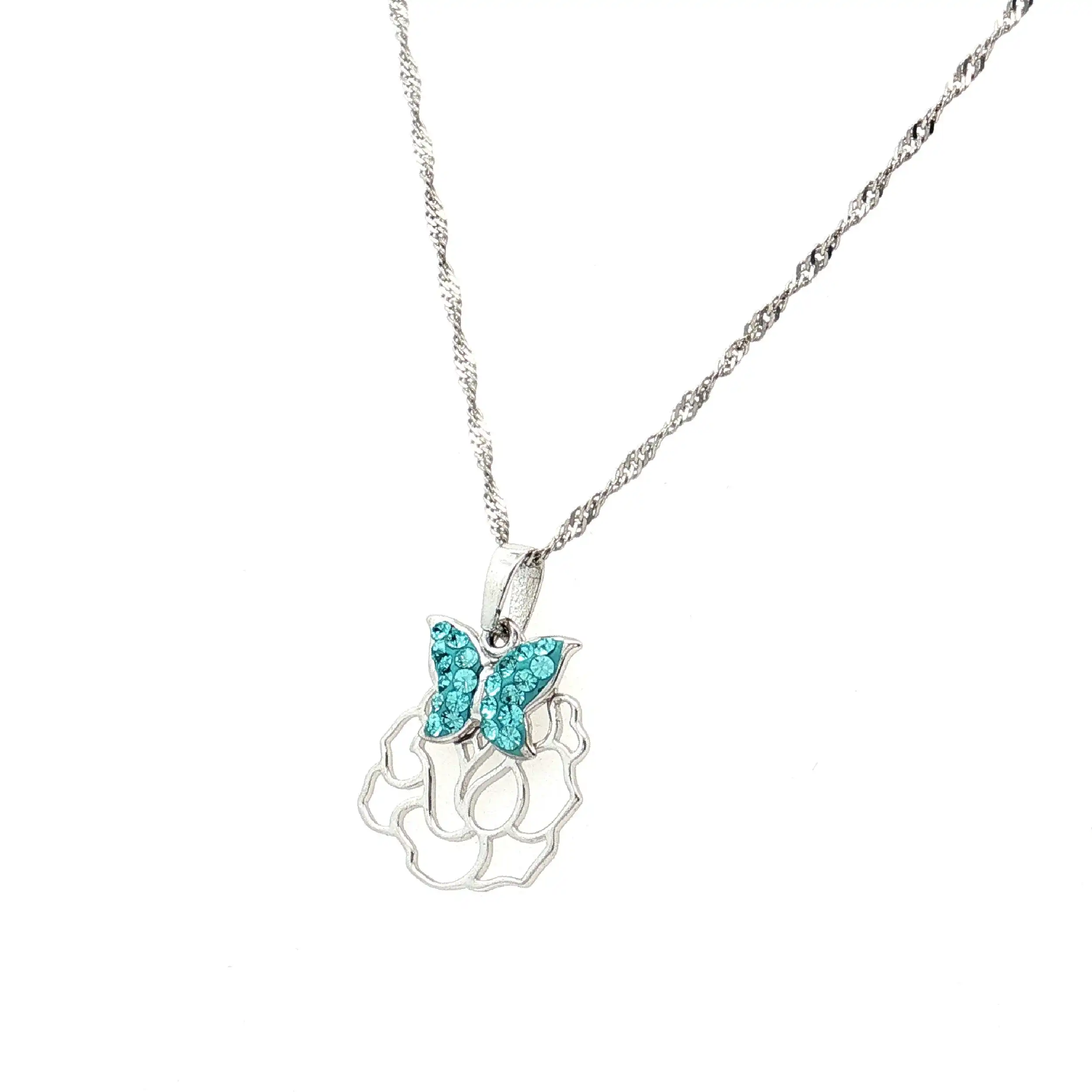 Singapurkette Silber mit Blume und Schmetterling mit türkisem Zirkonia