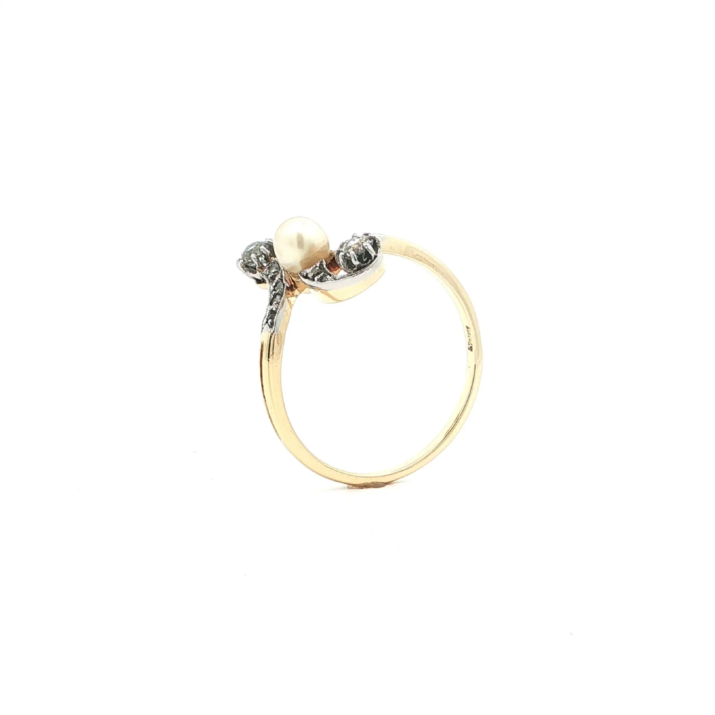Ring Bicolor Art-Deco mit Perle & Altschliff-Brillanten & Diamantrosen