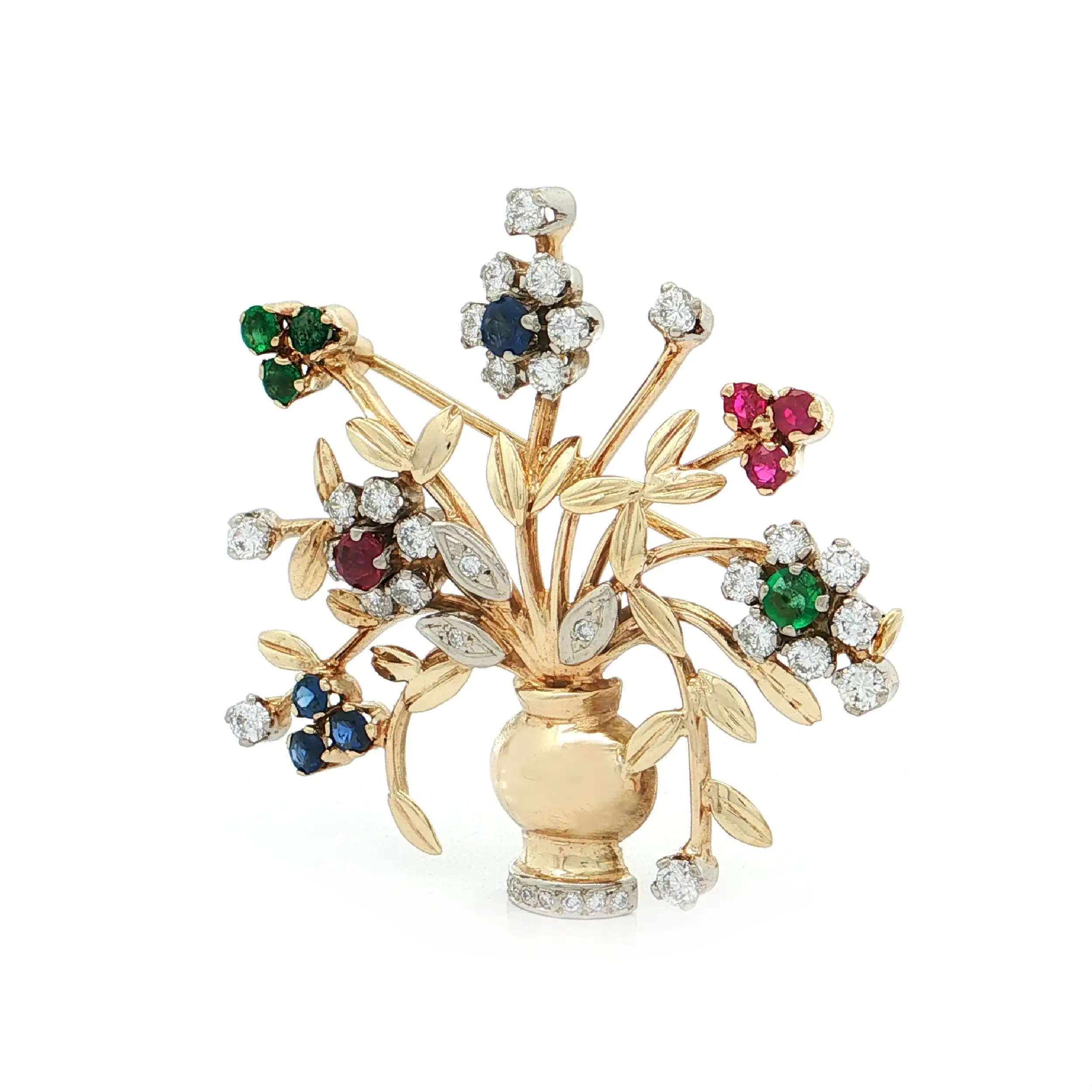 Brosche Gelbgold mit Rubinen, Smaragden, Saphiren und Brillanten Brosche Gelbgold mit Rubinen, Smaragden, Saphiren und Brillanten