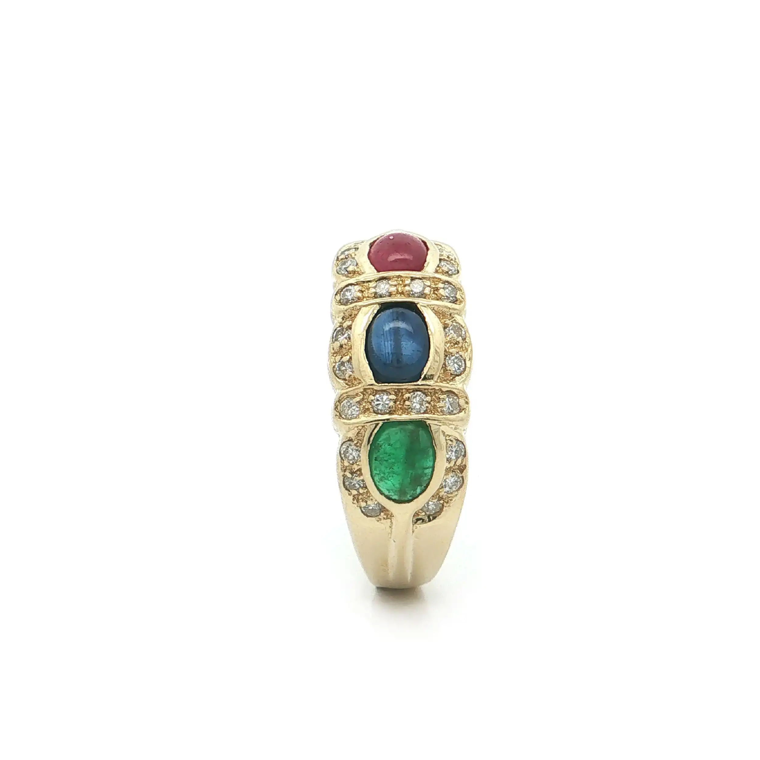 Ring Gelbgold mit Brillanten, Saphir-, Rubin- und Smaragd Cabochon