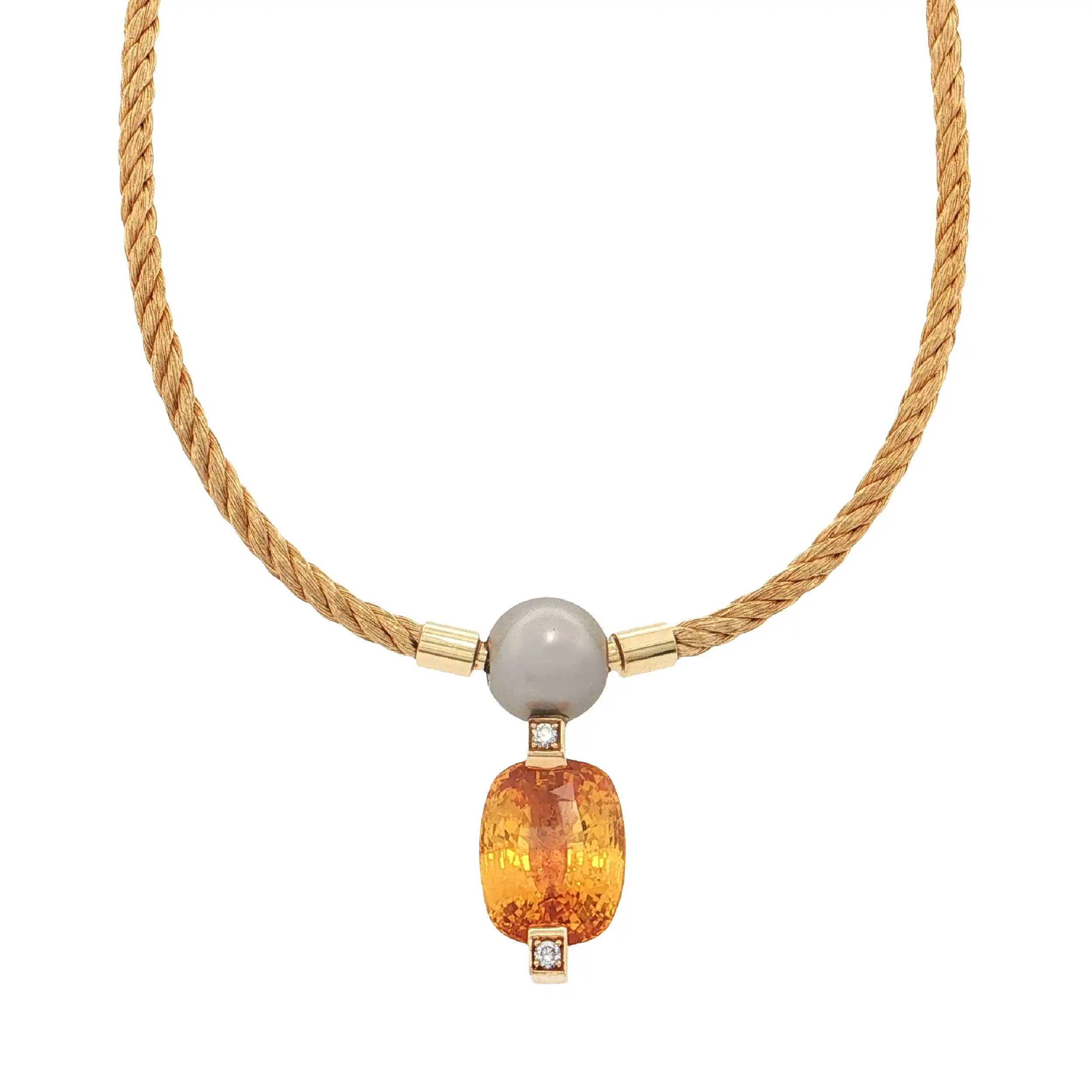 Strickcollier Gelbgold mit Anhänger aus Perle, Brillanten und gelbem Saphir Strickcollier Gelbgold mit Anhänger aus Perle, Brillanten und gelbem Saphir