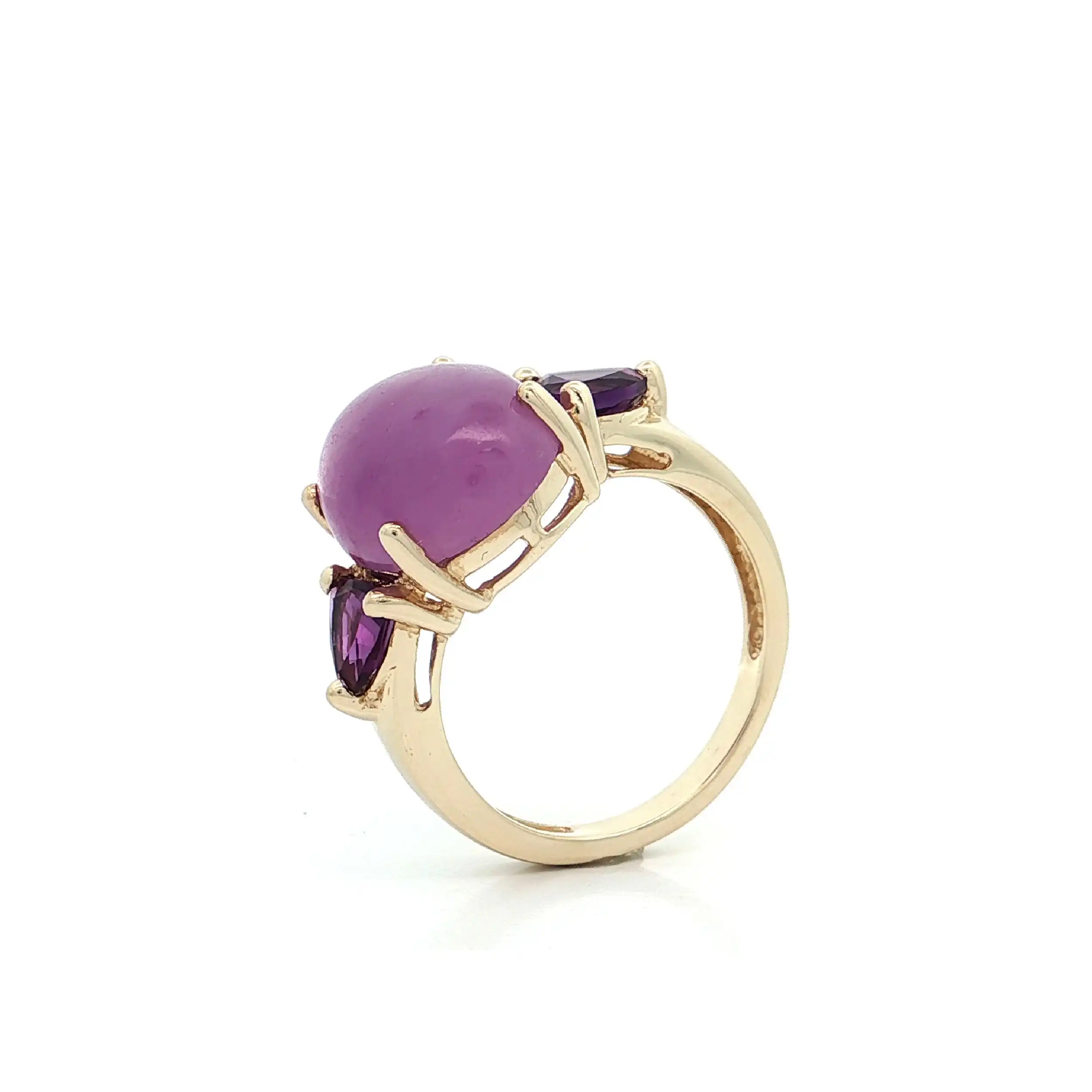 Ring Gelbgold mit lila Jade Cabochon und Amethyst