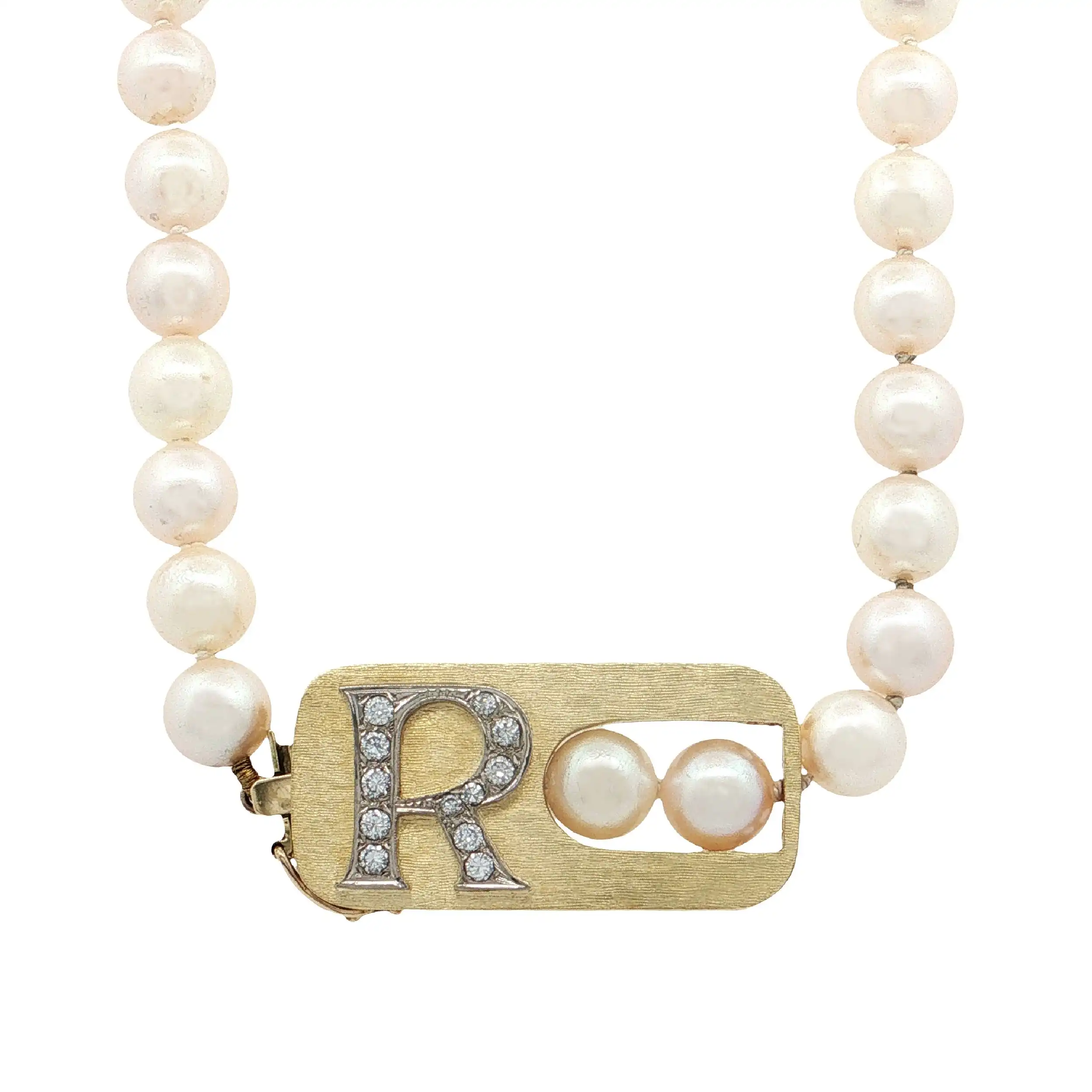 Perlenkette mit Bicolor Verschluss mit Brillanten "R" Perlenkette mit Bicolor Verschluss mit Brillanten "R"