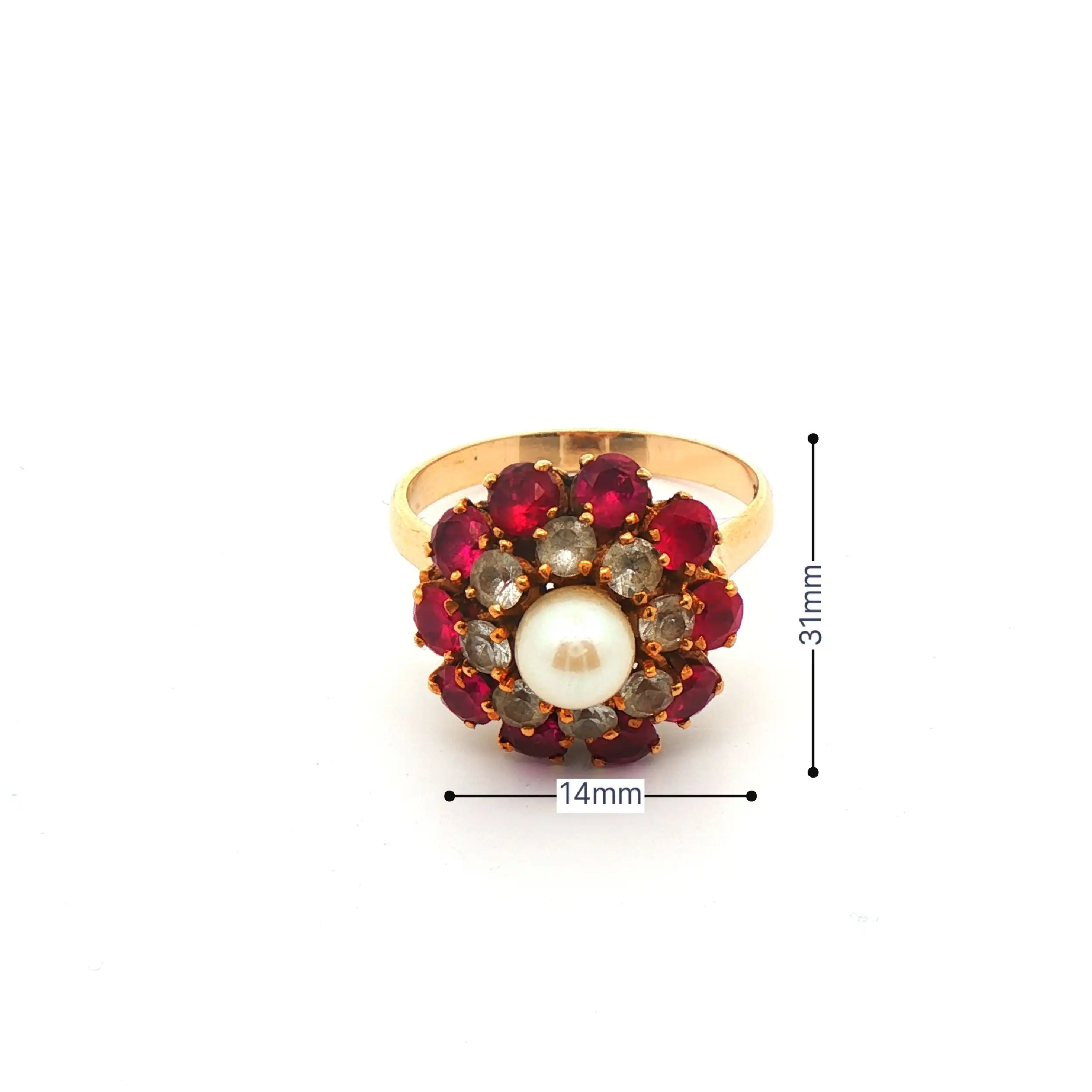 Ring Gelbgold mit Perle und weiß/rote Farbsteine Ring Gelbgold mit Perle und weiß/rote Farbsteine