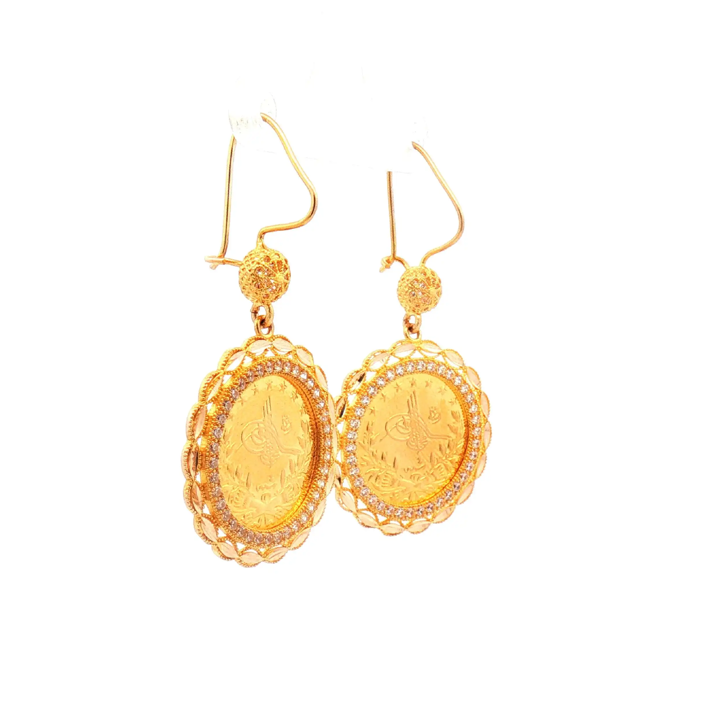 Ohrhänger Gelbgold mit Zirkonia und Münzimmitat Ohrhänger Gelbgold mit Zirkonia und Münzimmitat