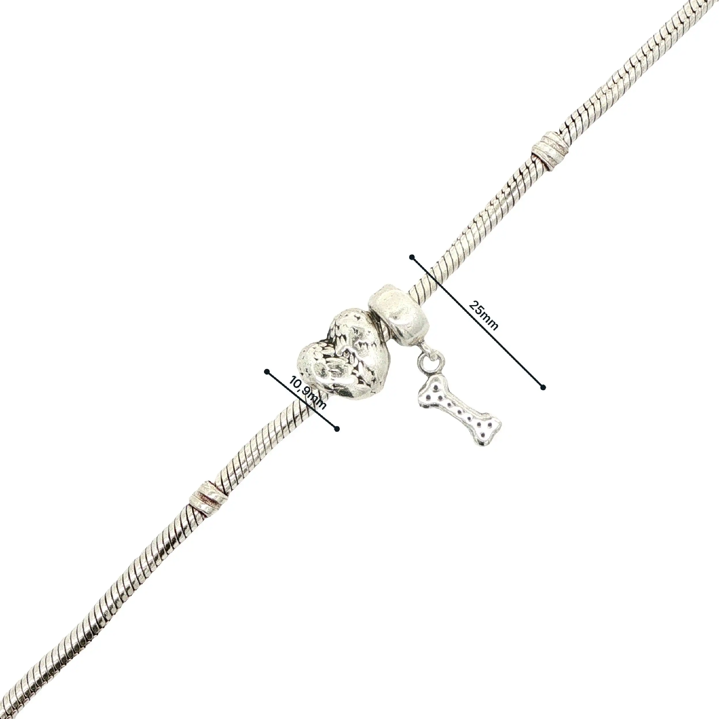 Armband Silber Pandora mit Charms, Herz & Knochen Armband Silber Pandora mit Charms, Herz & Knochen
