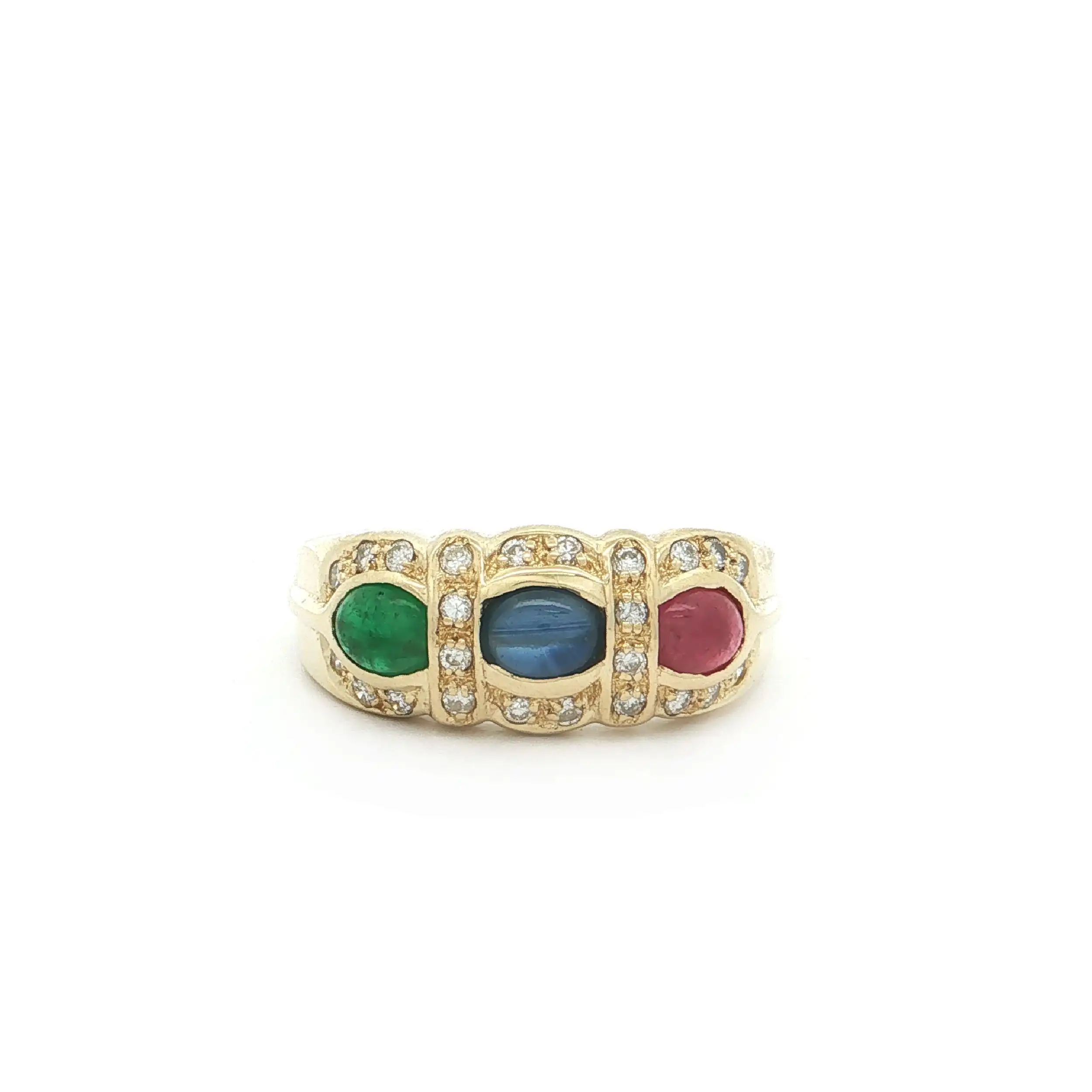 Ring Gelbgold mit Brillanten, Saphir-, Rubin- und Smaragd Cabochon