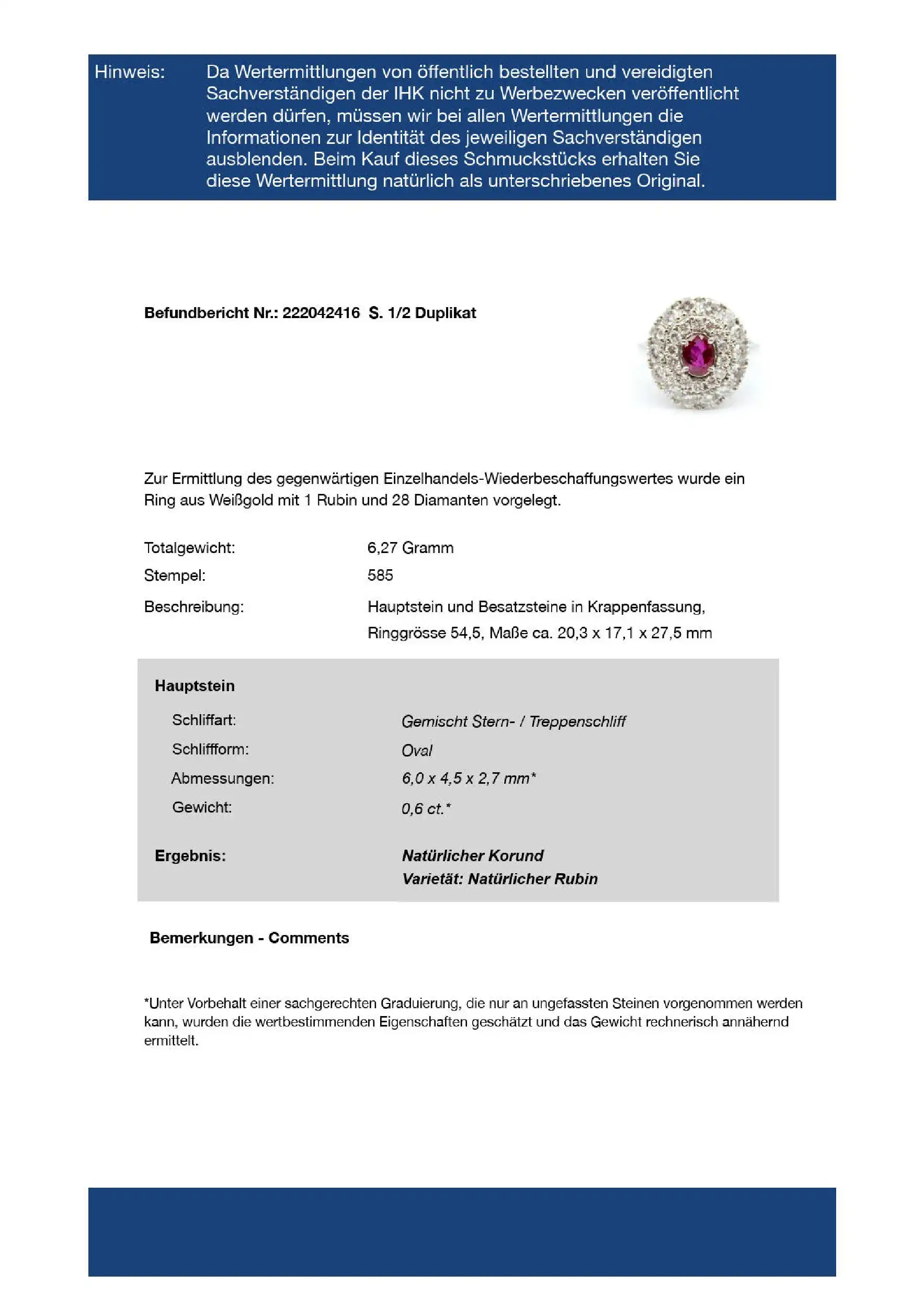 Ring Weißgold mit Rubin und Brillanten, mit Expertise von DPL