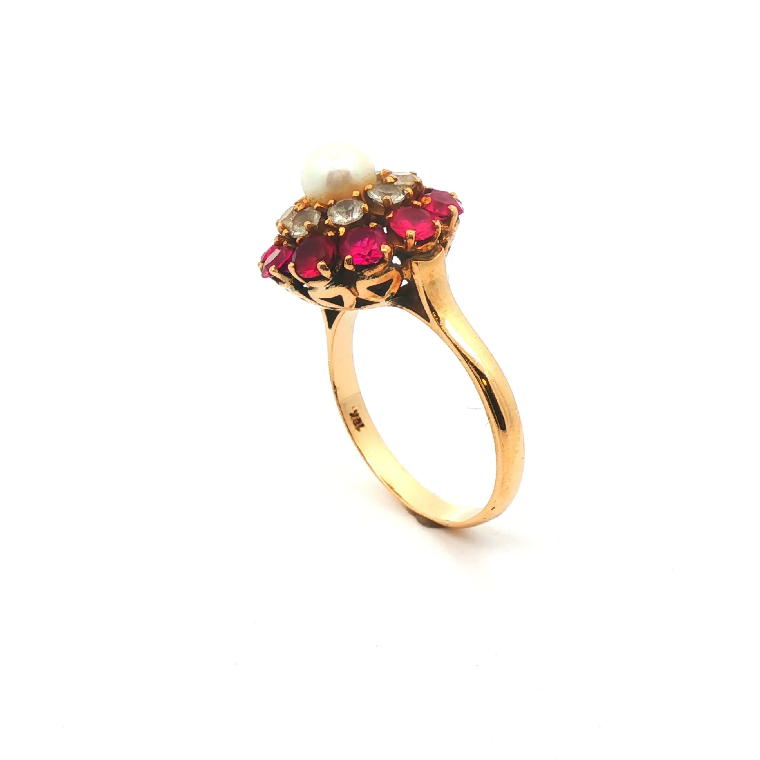Ring Gelbgold mit Perle und weiß/rote Farbsteine