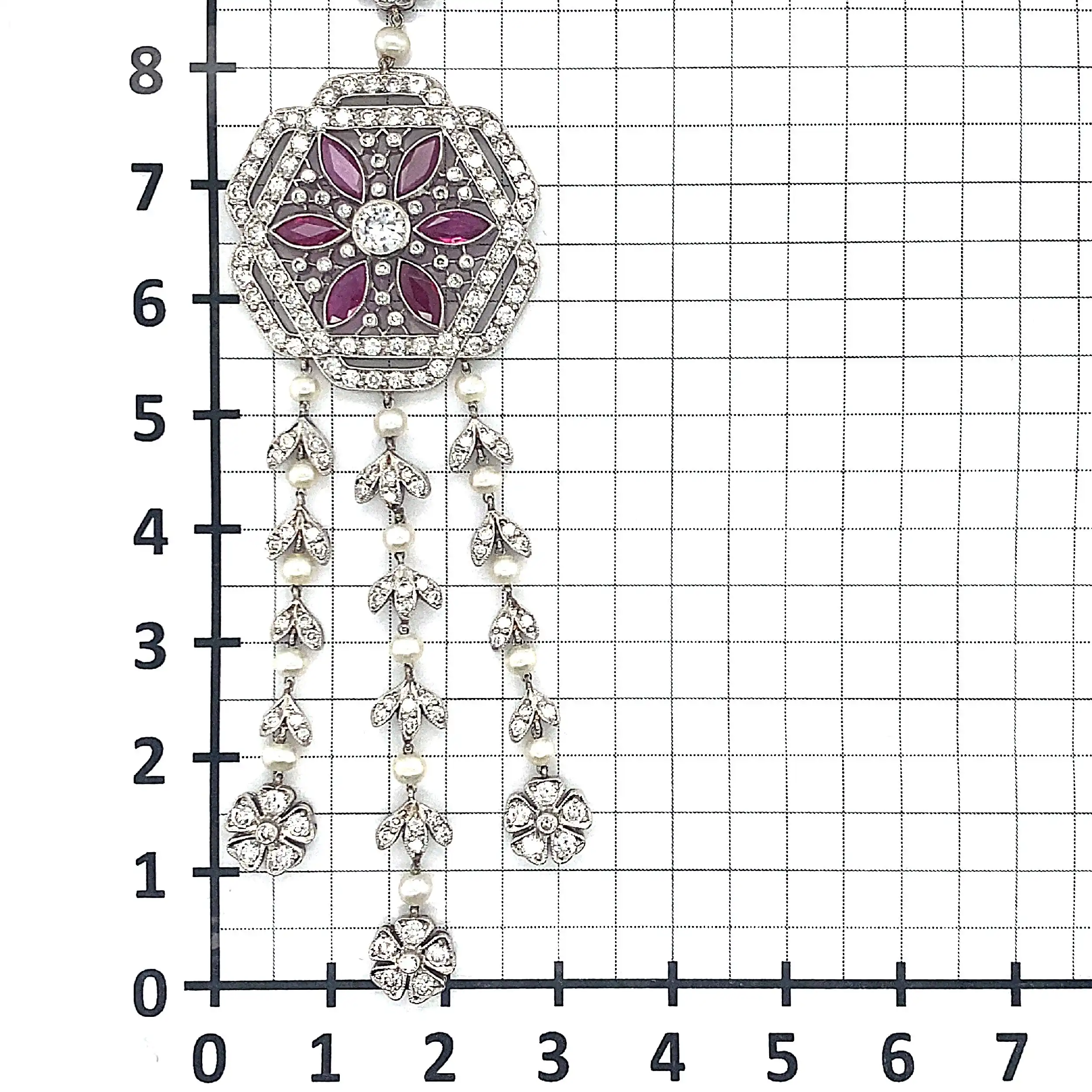 Art Deco Collier Platin mit Brillanten, Rubinen und Saatperlen von ca. 1930-1940, mit Befundbericht von EPL Art Deco Collier Platin mit Brillanten, Rubinen und Saatperlen von ca. 1930-1940, mit Befundbericht von EPL