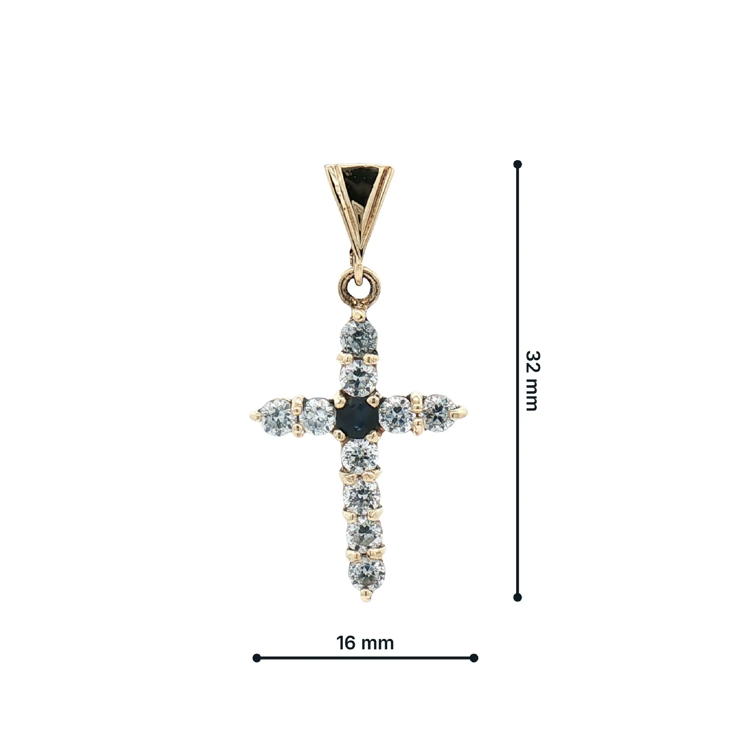 Kreuzanhänger Gelbgold mit Zirkonia und blauen Farbstein