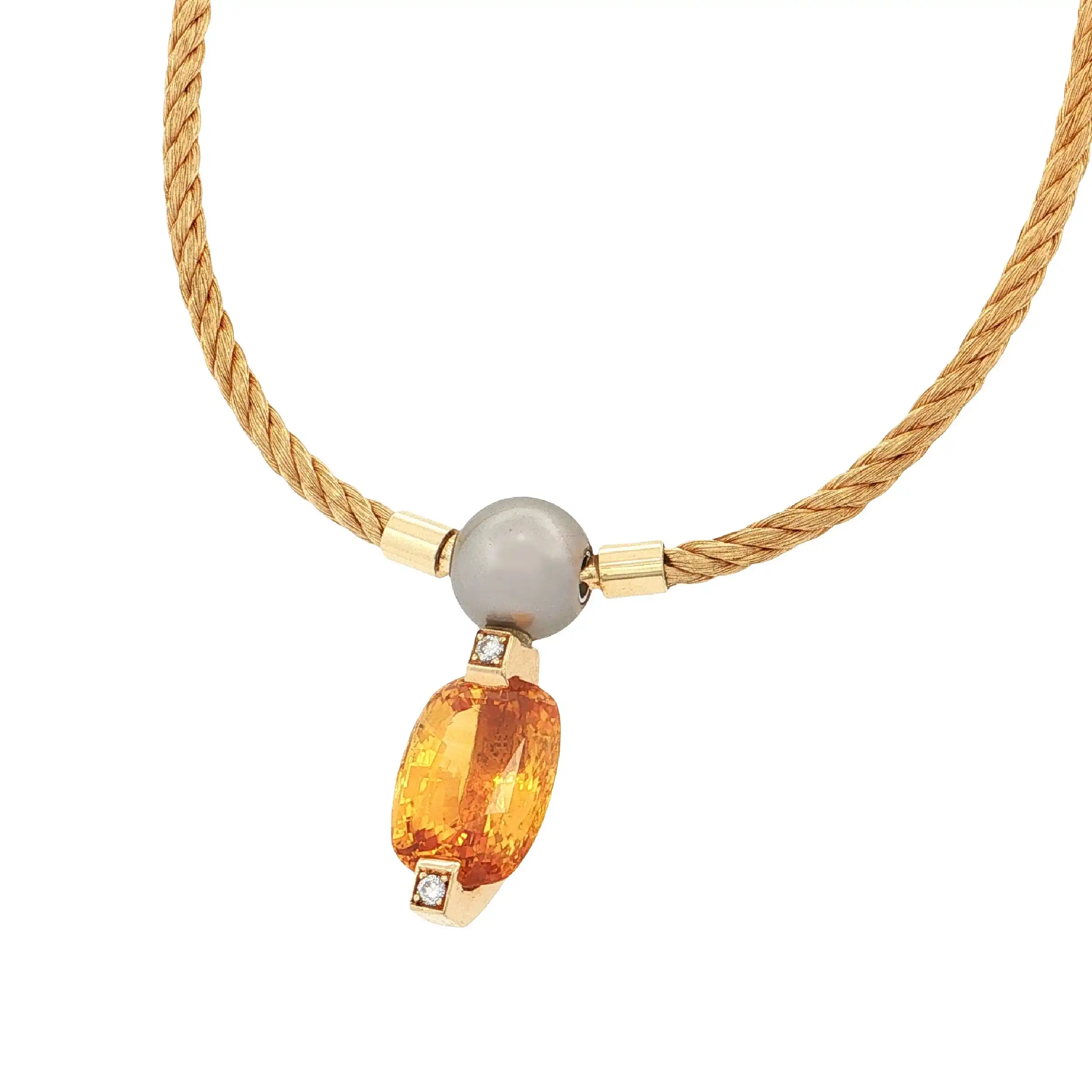 Strickcollier Gelbgold mit Anhänger aus Perle, Brillanten und gelbem Saphir Strickcollier Gelbgold mit Anhänger aus Perle, Brillanten und gelbem Saphir