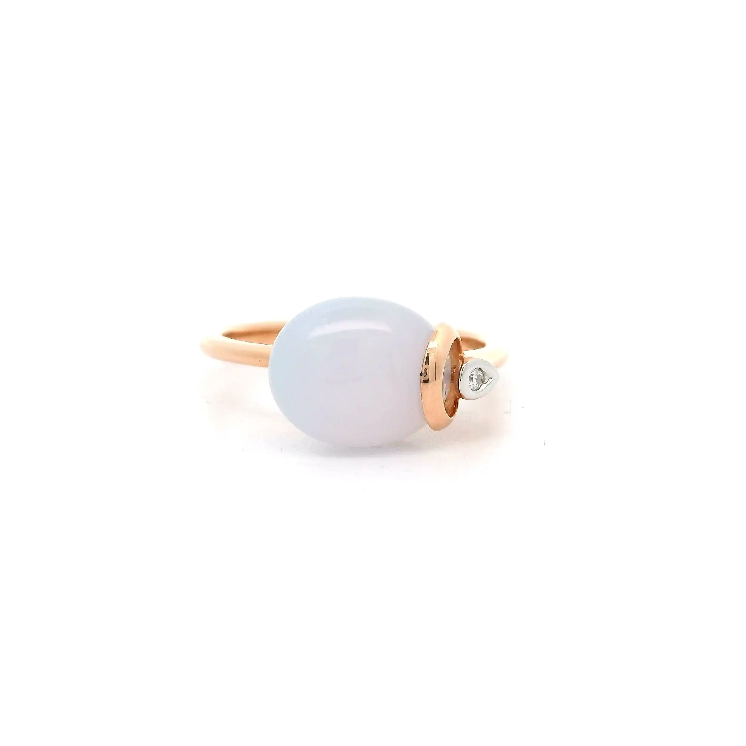 Ring Roségold mit Chalcedon Cabochon & Brillant, graviert mit 0,01ct.