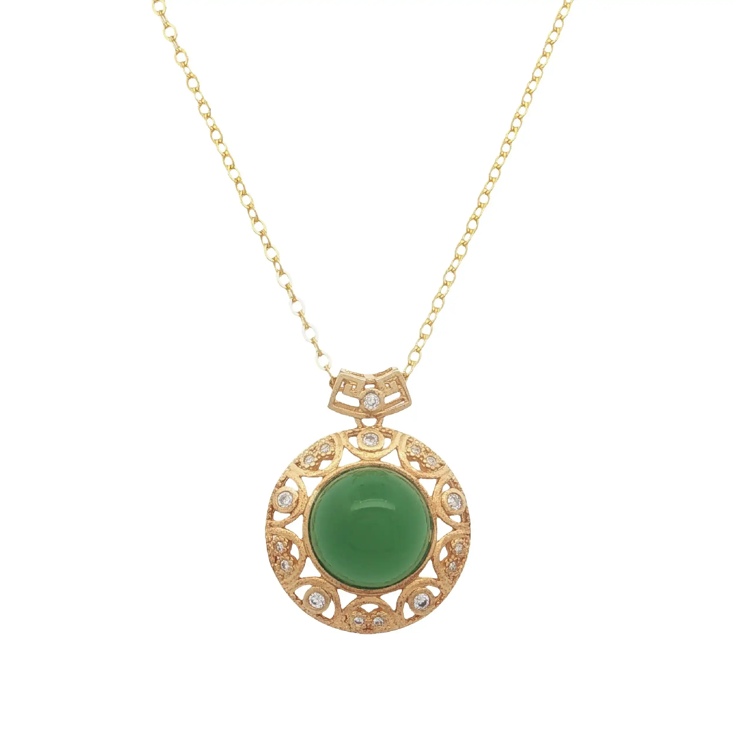 Kette Silber vergoldet mit Anhänger mit Zirkonia und grünem Farbstein Kette Silber vergoldet mit Anhänger mit Zirkonia und grünem Farbstein