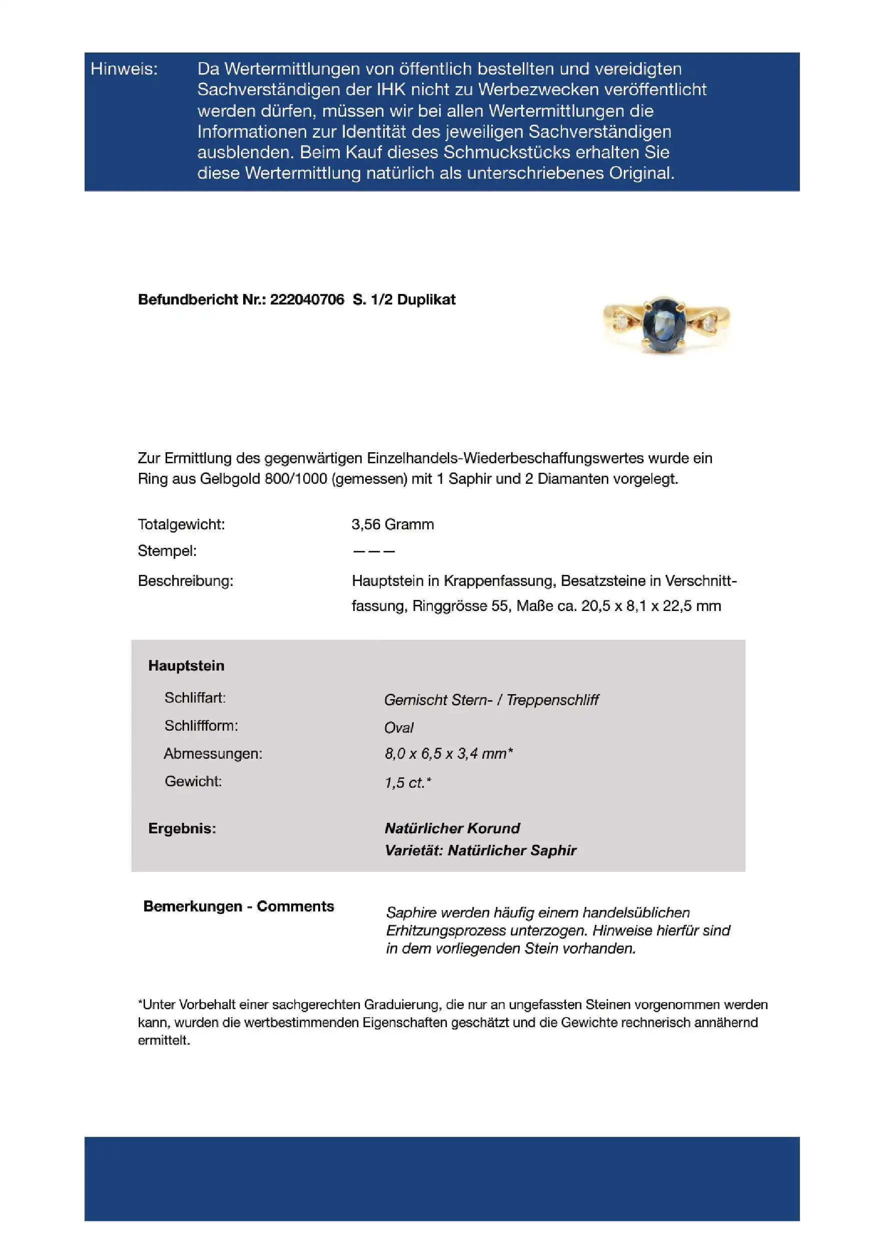 Ring Gelbgold mit Saphir und Brillanten, mit Expertise von EPL Ring Gelbgold mit Saphir und Brillanten, mit Expertise von EPL