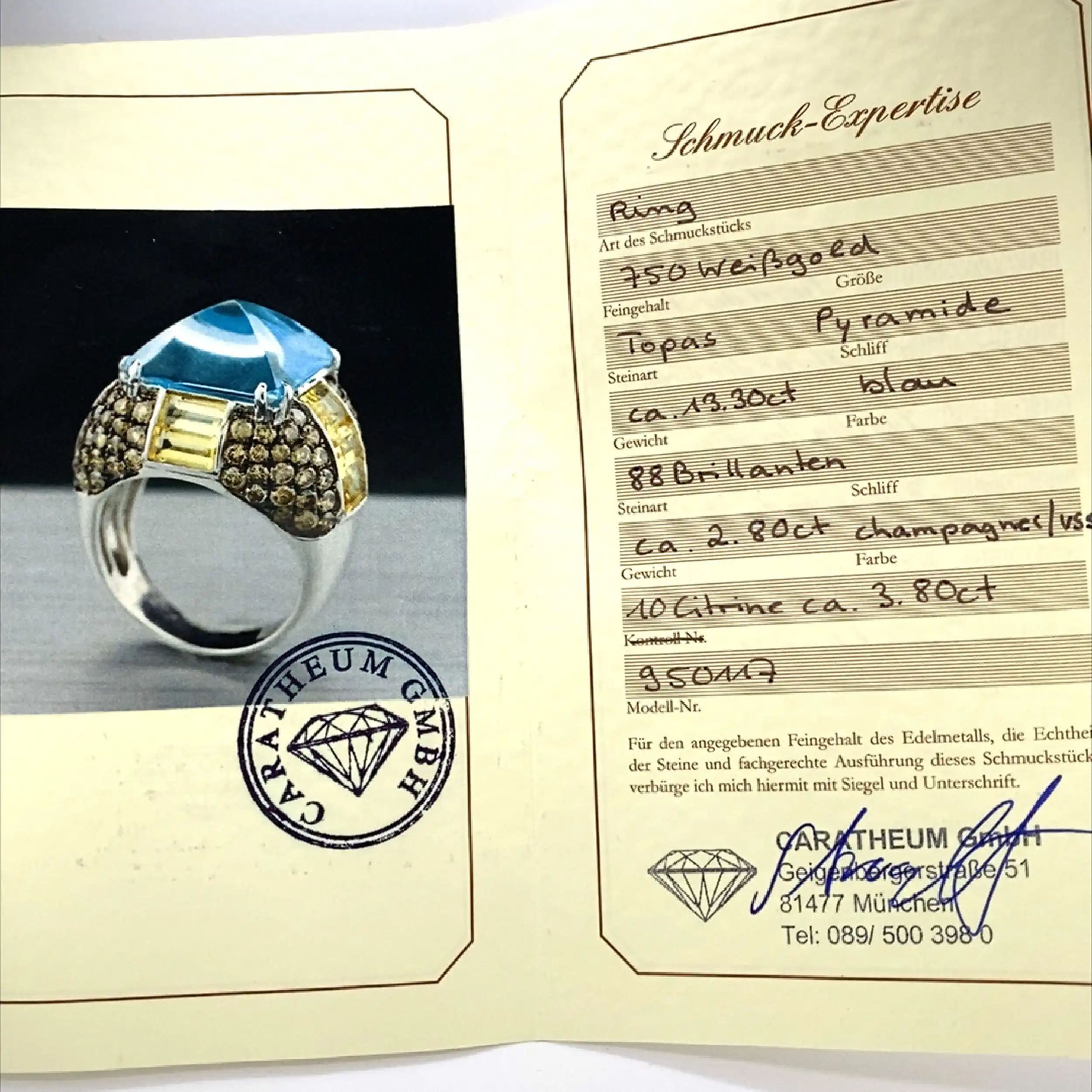 Ring Weißgold mit Blau Topas, Citrin und Brillanten Ring Weißgold mit Blau Topas, Citrin und Brillanten