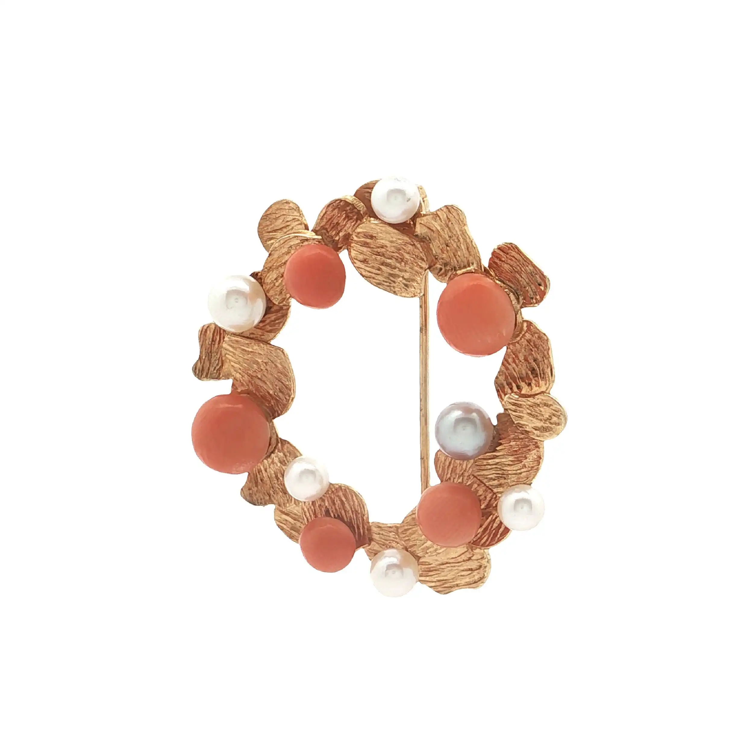 Brosche Gelbgold mit Koralle und Perle, Handgearbeitet Brosche Gelbgold mit Koralle und Perle, Handgearbeitet