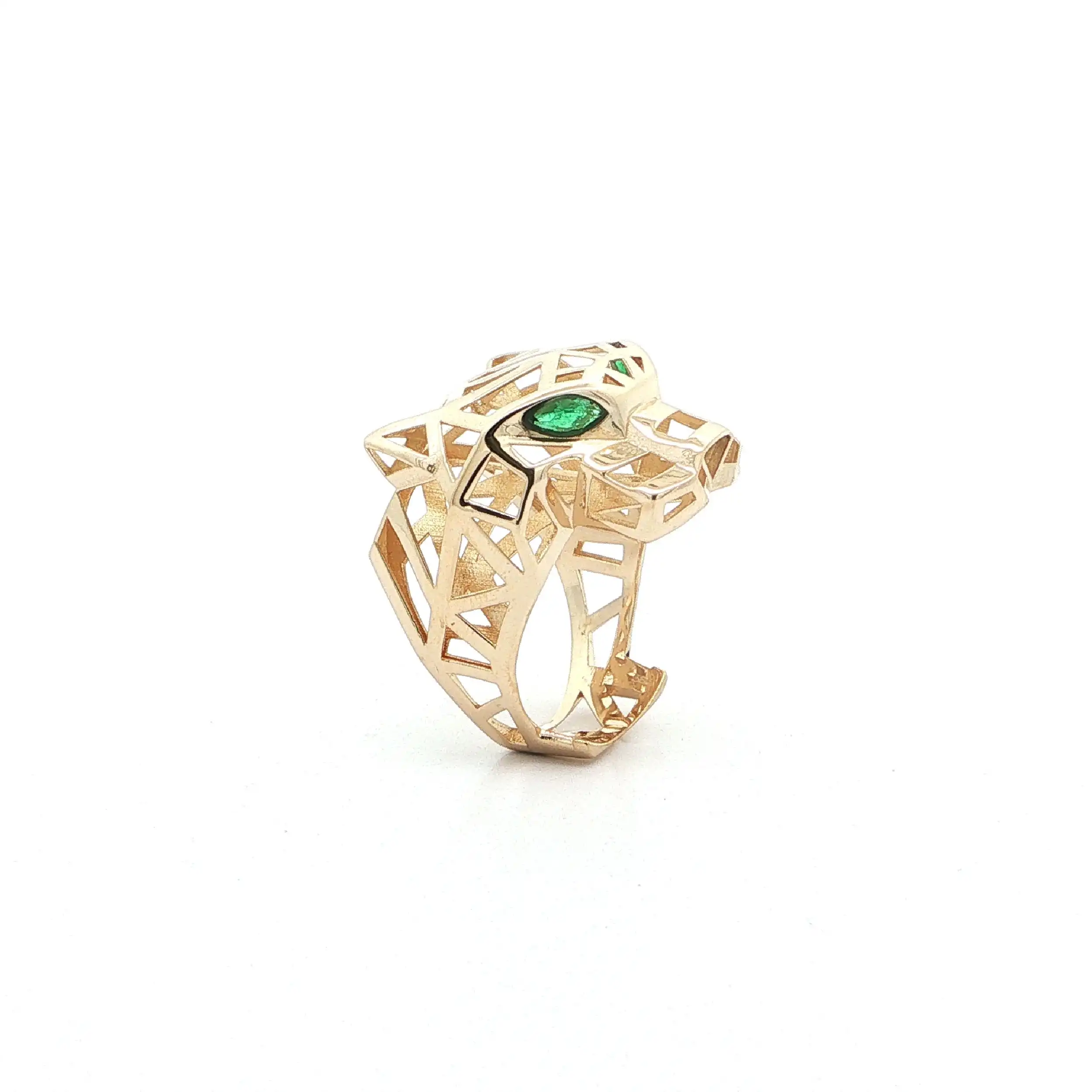 Ring Gelbgold Pantherkopf mit grünen Farbsteinen