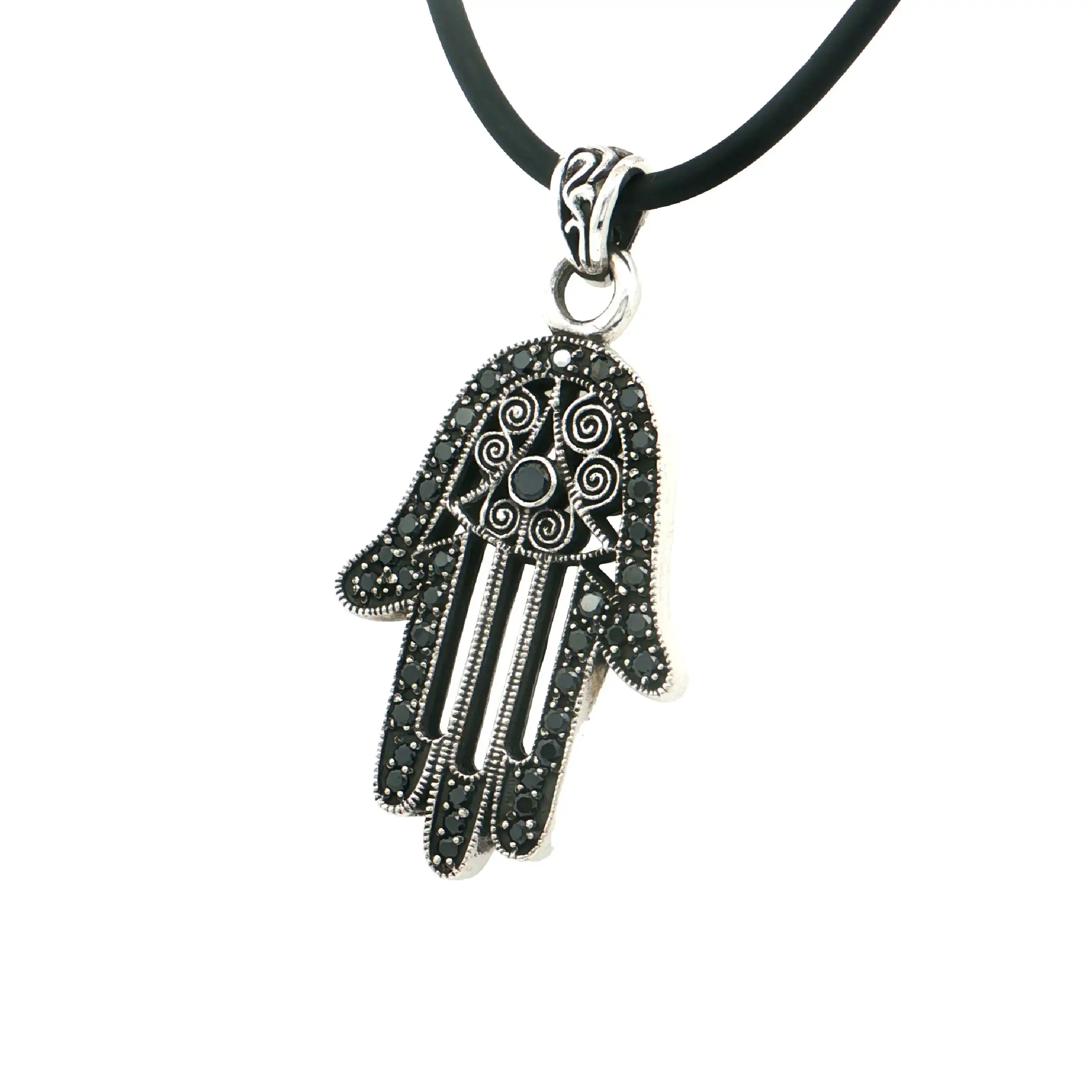 Kautschukkette mit Anhänger Silber "Hand der Fatima" mit Farbsteinen Kautschukkette mit Anhänger Silber "Hand der Fatima" mit Farbsteinen