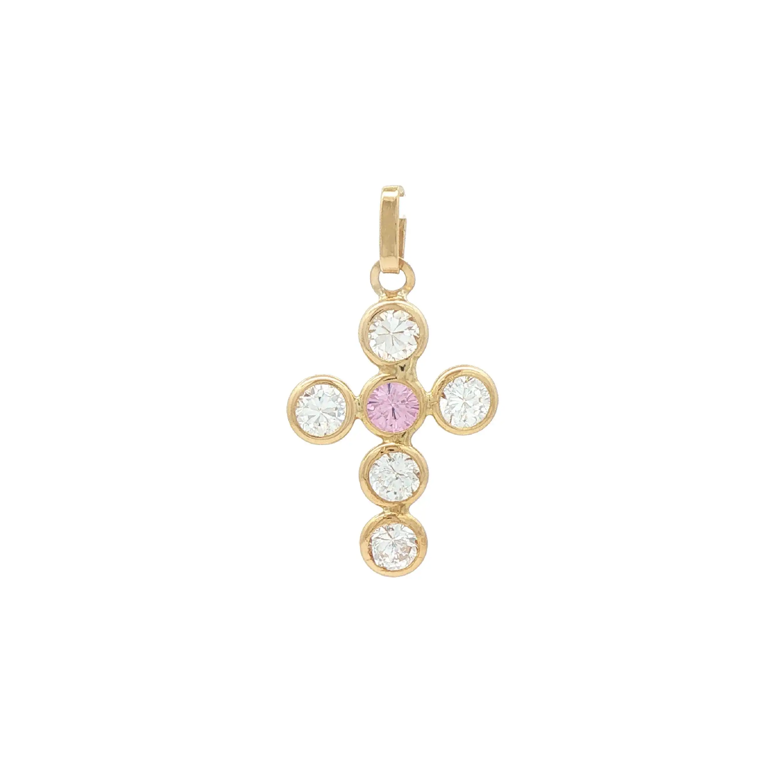 Kreuzanhänger Gelbgold mit Zirkonia und Rosa Stein