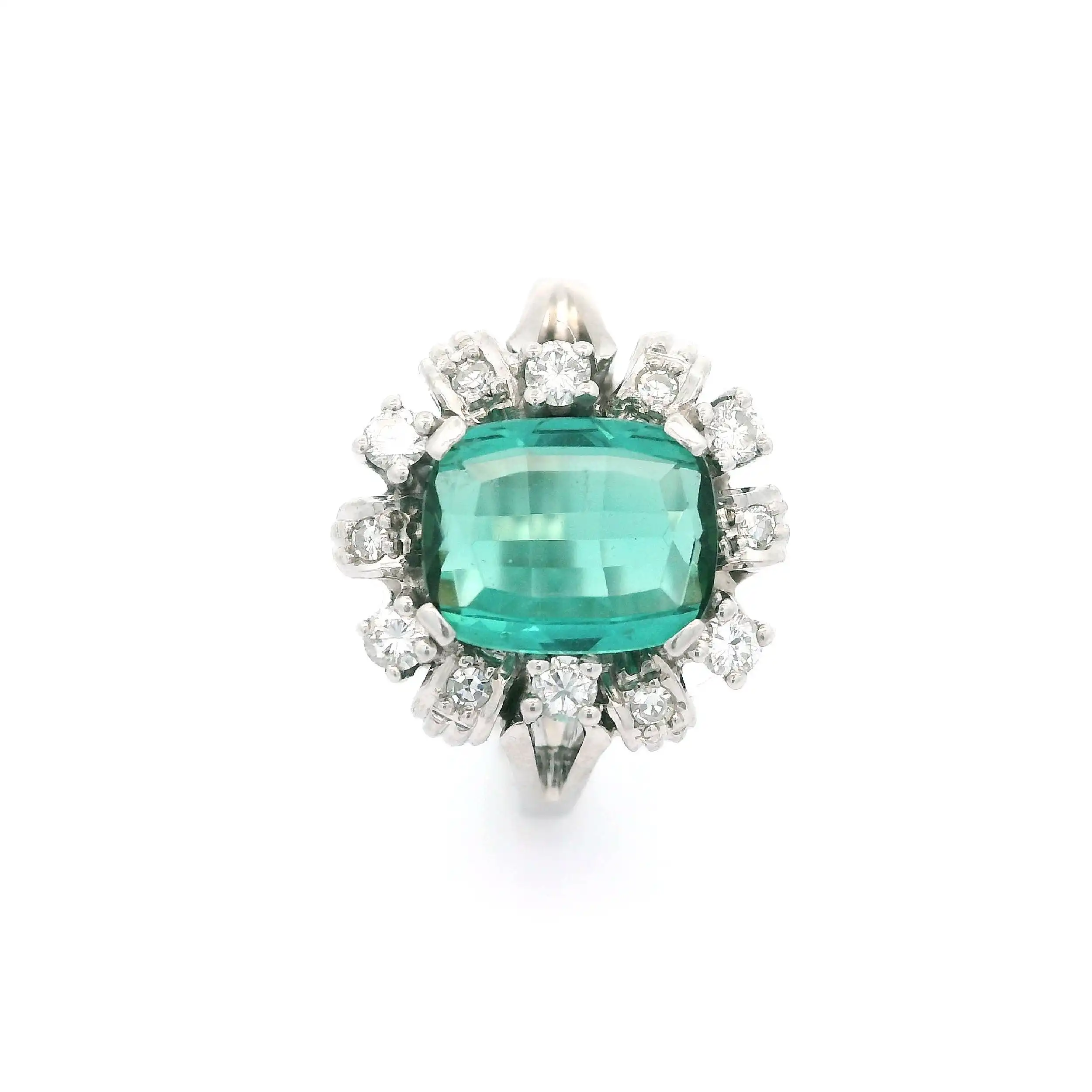 Ring Weißgold mit Diamanten, Brillanten und grünem Farbstein