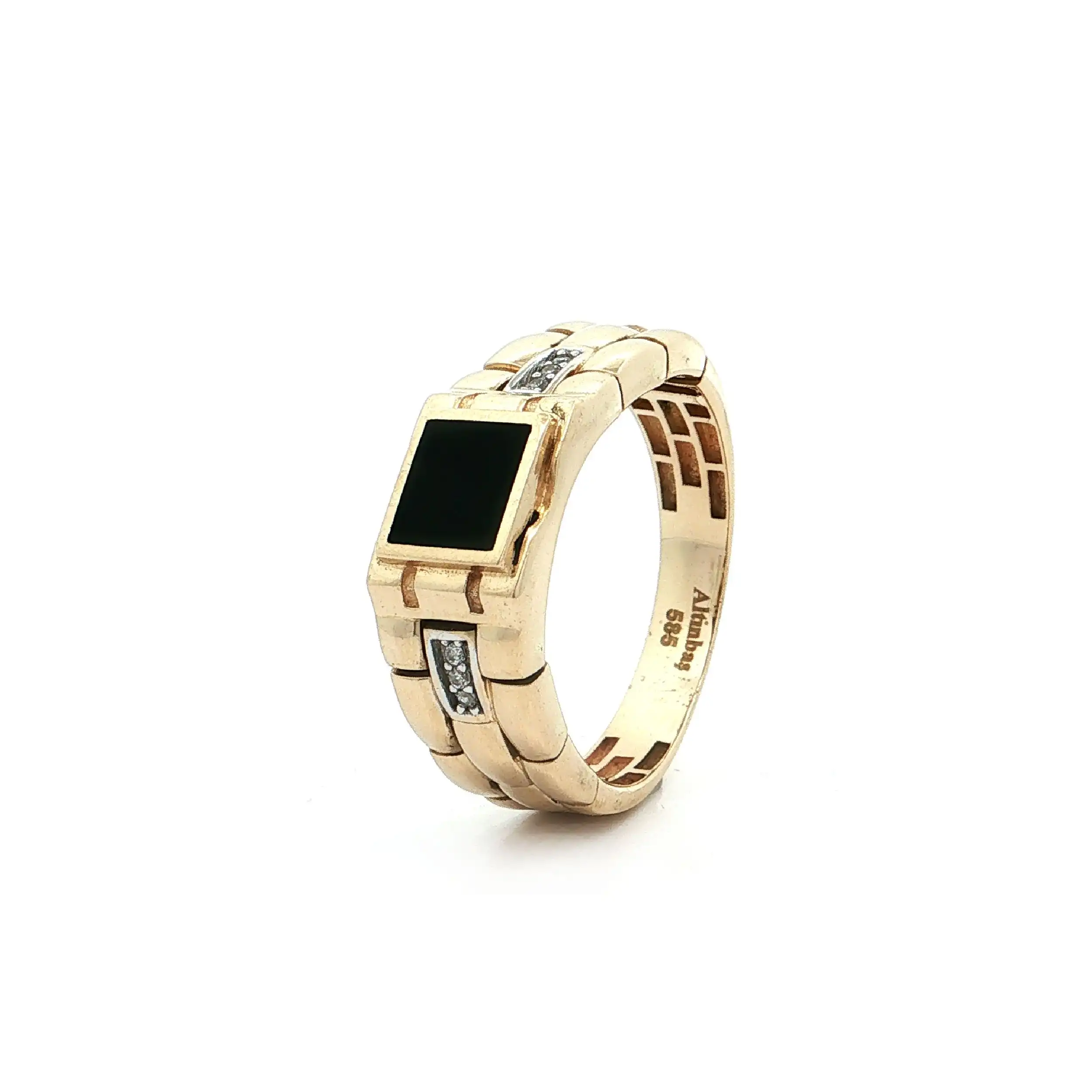 Ring Gelbgold beweglich mit schwarzer Platte und Zirkonia Ring Gelbgold beweglich mit schwarzer Platte und Zirkonia