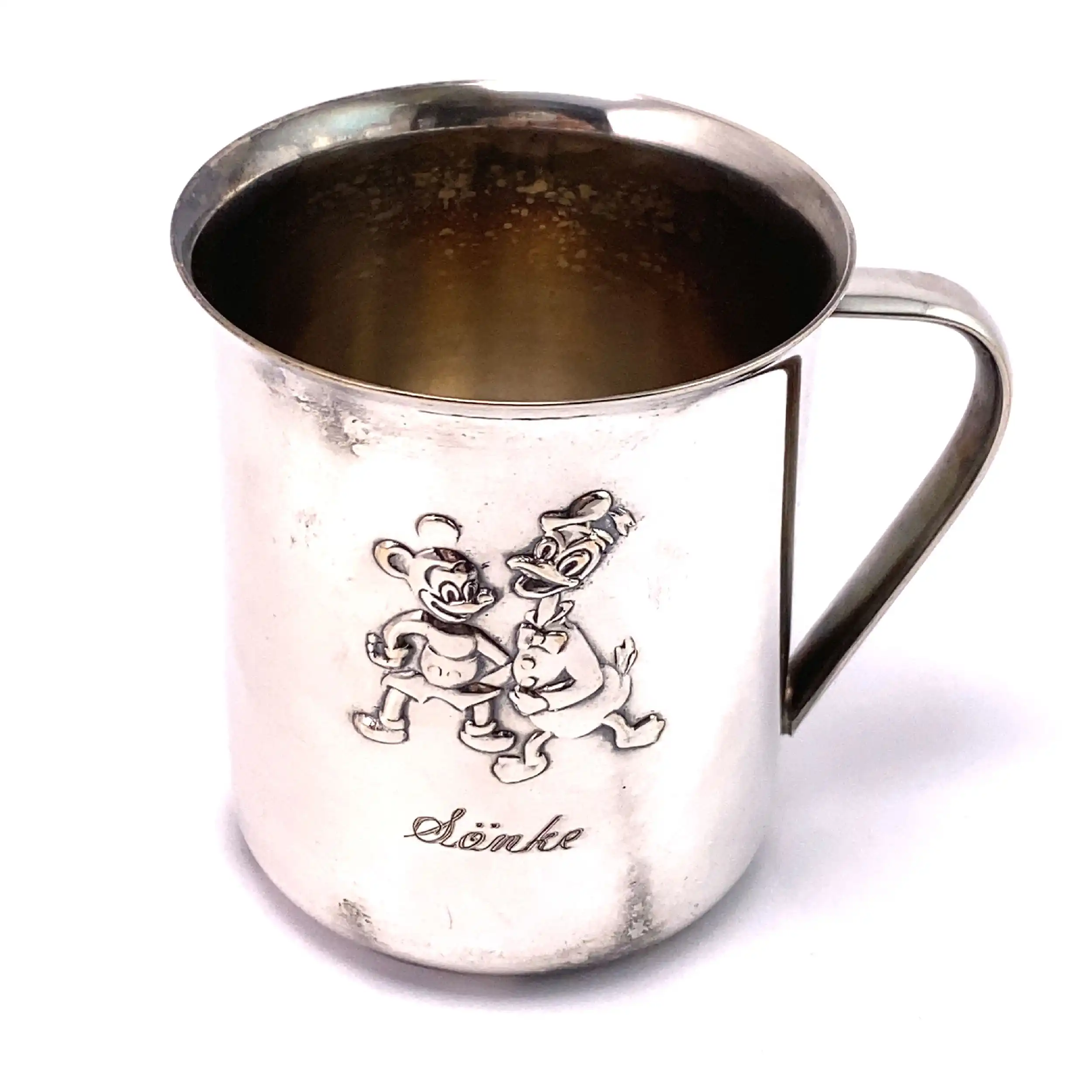 Tasse Donald und Mickey versilbert graviert Tasse Donald und Mickey versilbert graviert