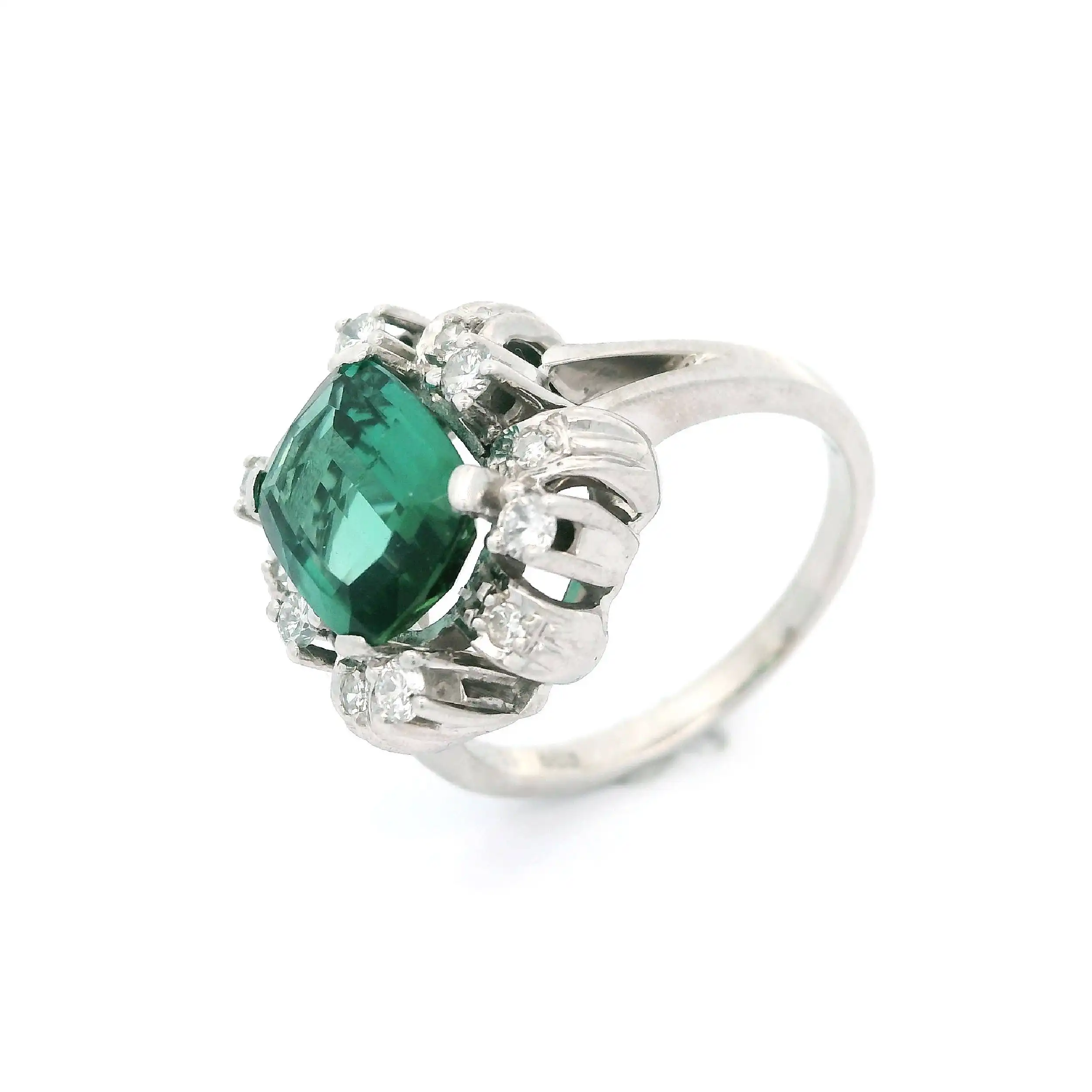 Ring Weißgold mit Diamanten, Brillanten und grünem Farbstein