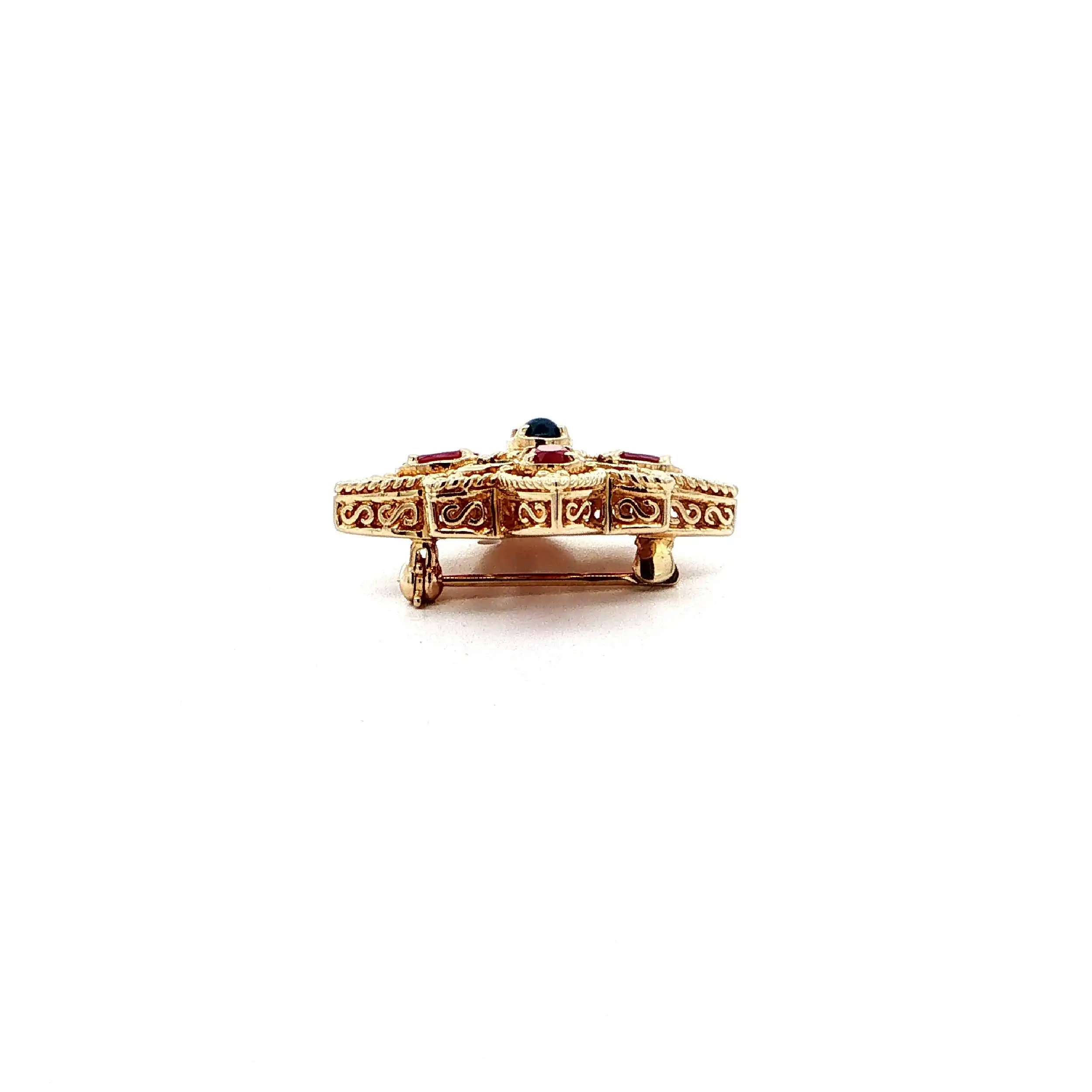 Brosche / Nadel Gelbgold mit Rubine, Smaragde & Saphir Cabochon