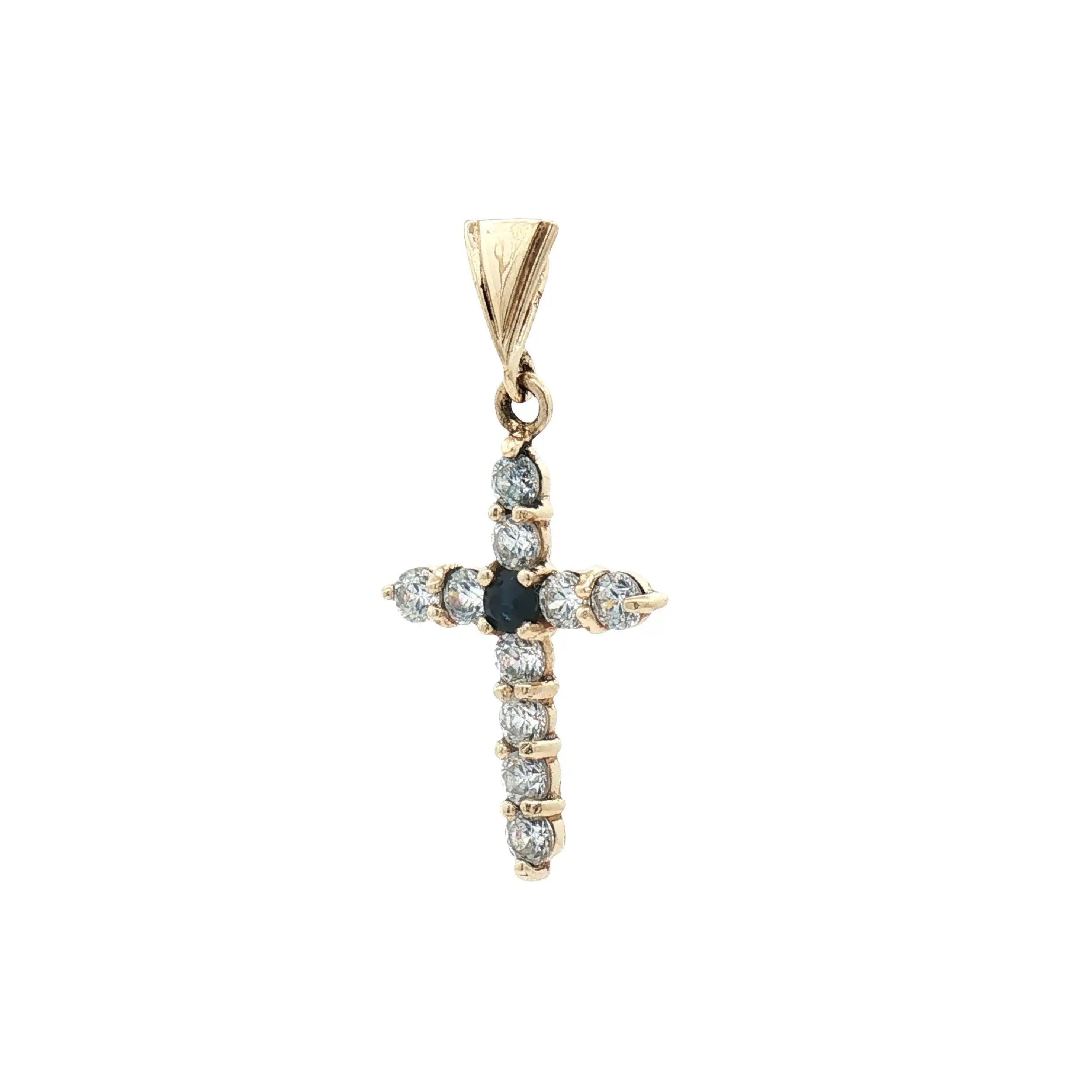 Kreuzanhänger Gelbgold mit Zirkonia und blauen Farbstein