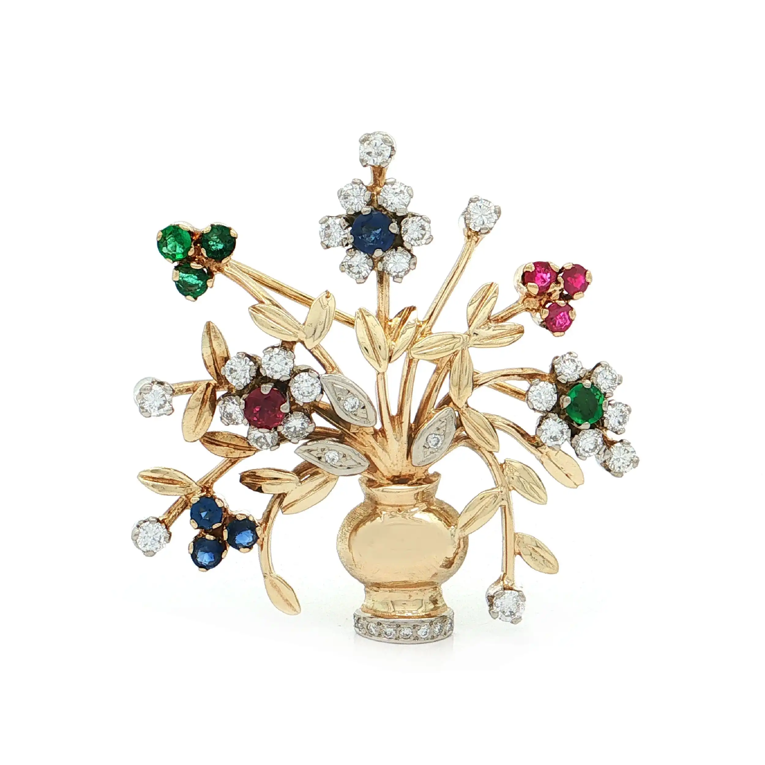Brosche Gelbgold mit Rubinen, Smaragden, Saphiren und Brillanten Brosche Gelbgold mit Rubinen, Smaragden, Saphiren und Brillanten