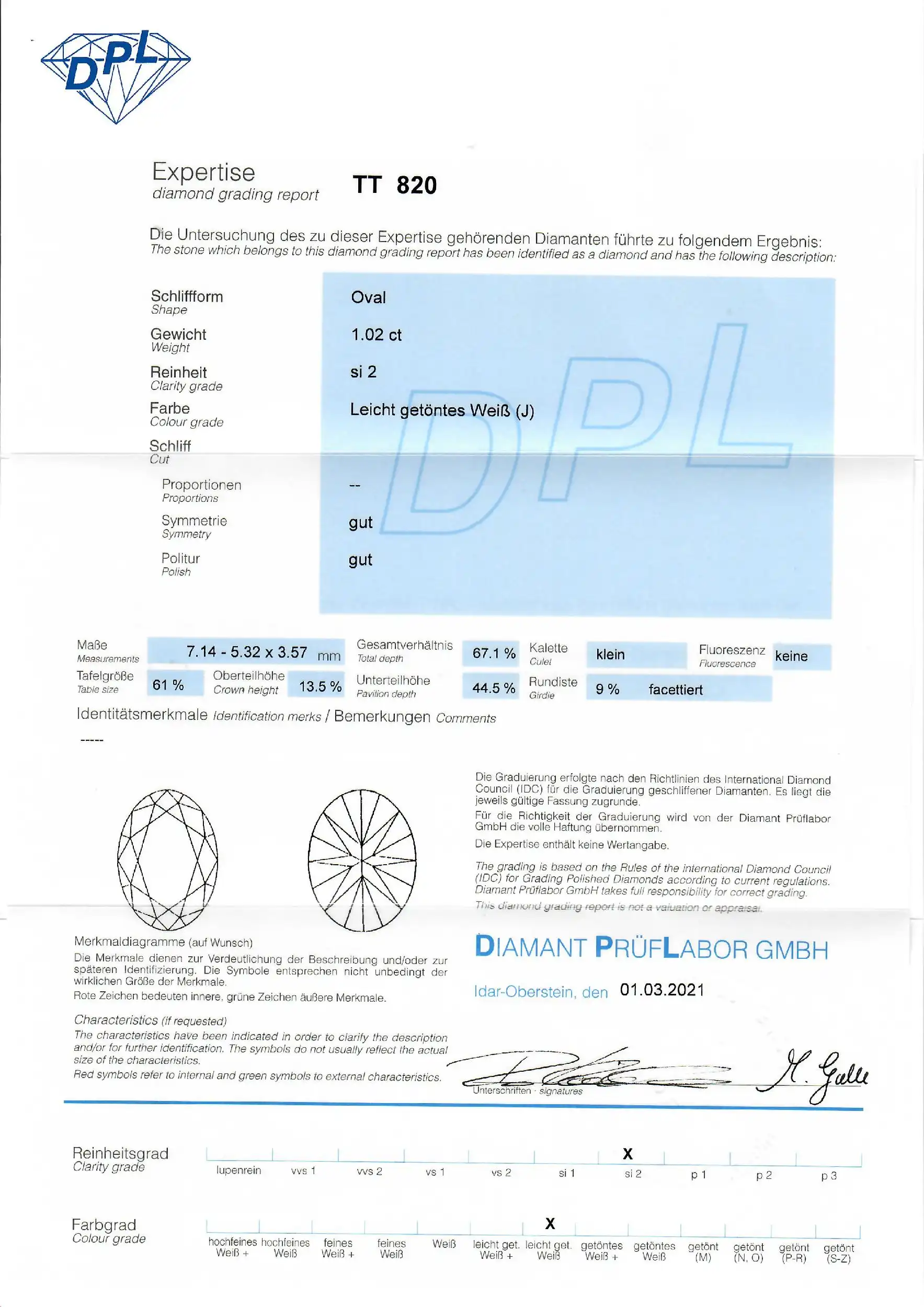 Loser Diamant 1,04ct Oval J/SI2, mit DPL Expertise Loser Diamant 1,04ct Oval J/SI2, mit DPL Expertise