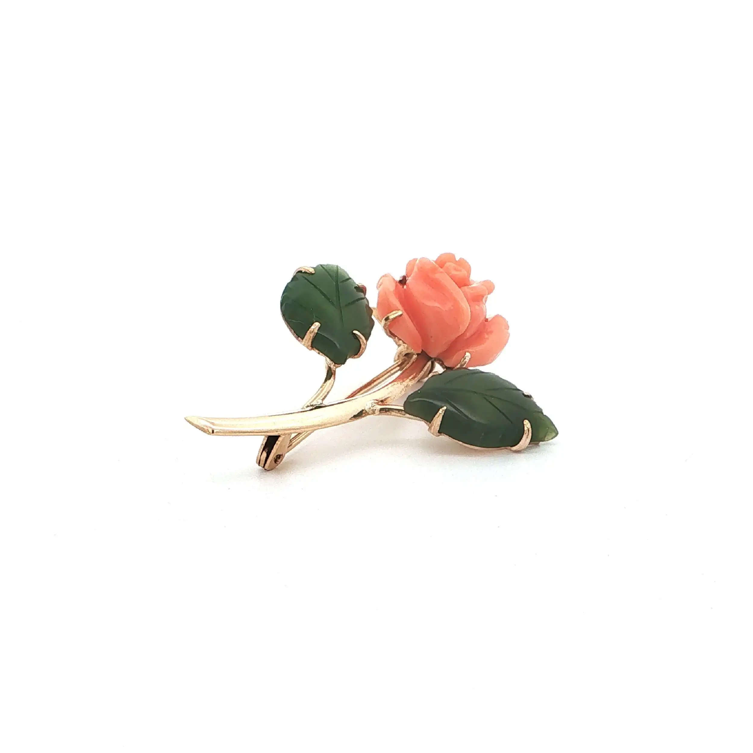 Nadel Gelbgold "Rose" mit Koralle & Nephrit-Jade Nadel Gelbgold "Rose" mit Koralle & Nephrit-Jade