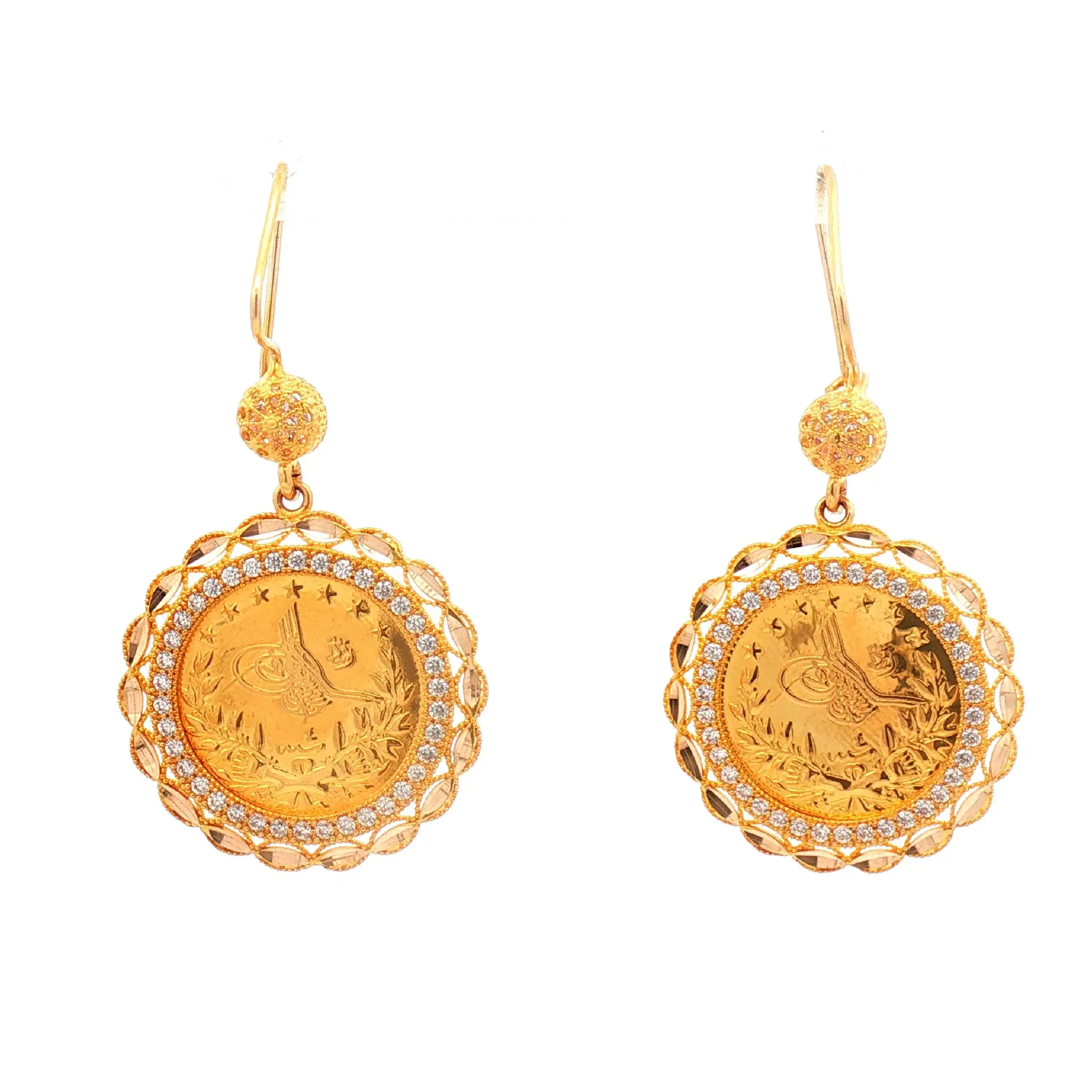 Ohrhänger Gelbgold mit Zirkonia und Münzimmitat Ohrhänger Gelbgold mit Zirkonia und Münzimmitat