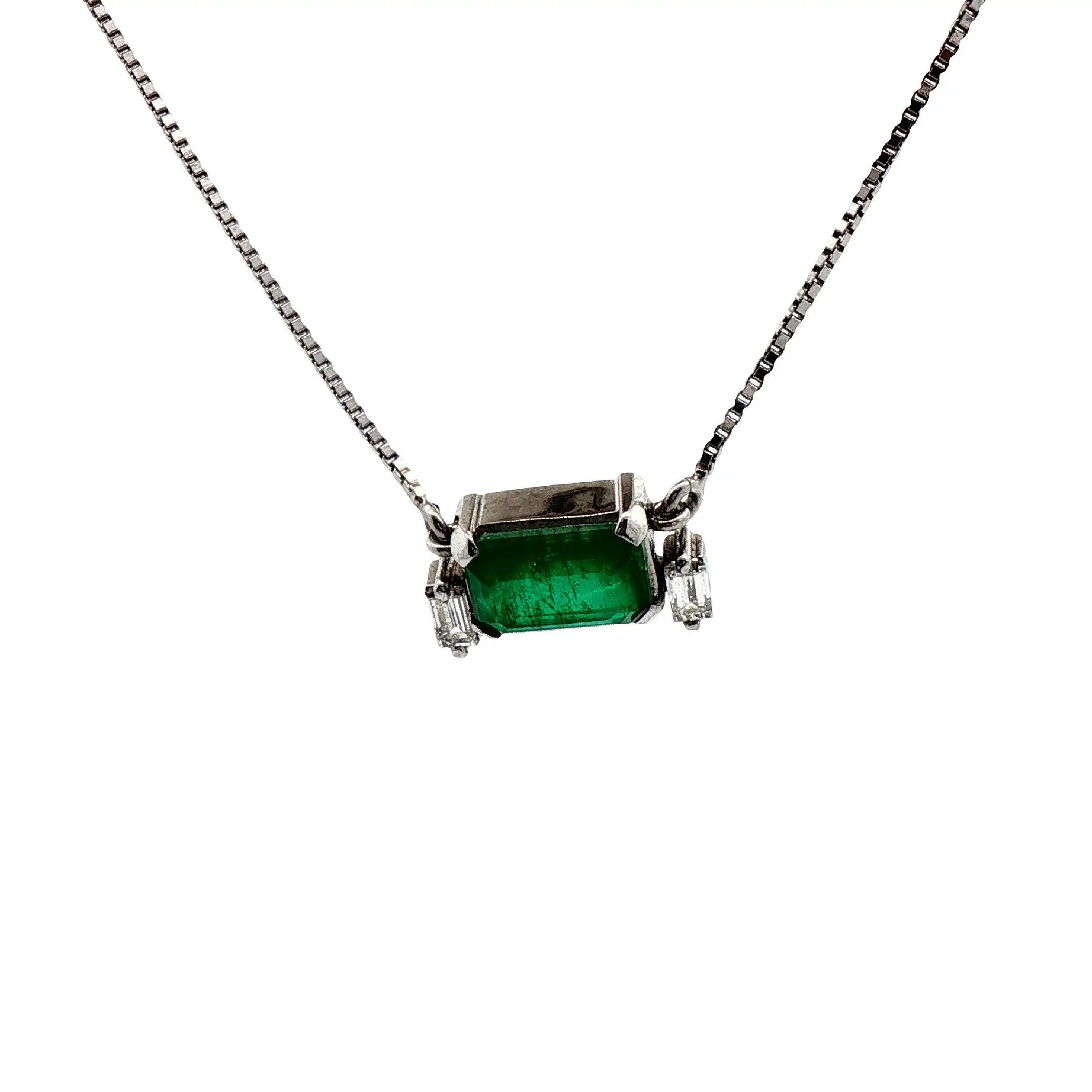 Collier Weißgold mit Smaragd und Baguette Diamanten