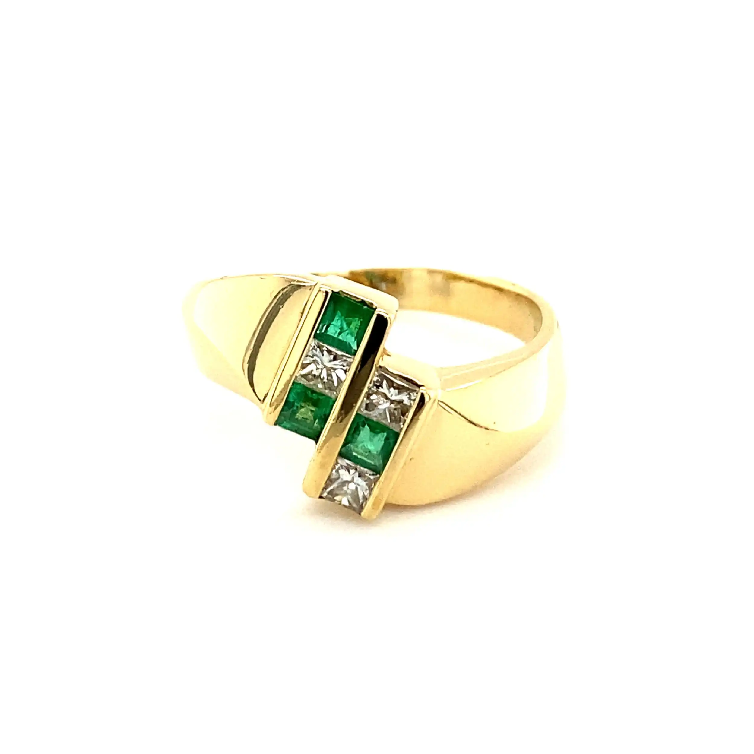 Ring Gelbgold mit Smaragden & Princessdiamanten, graviert mit 0,33ct.