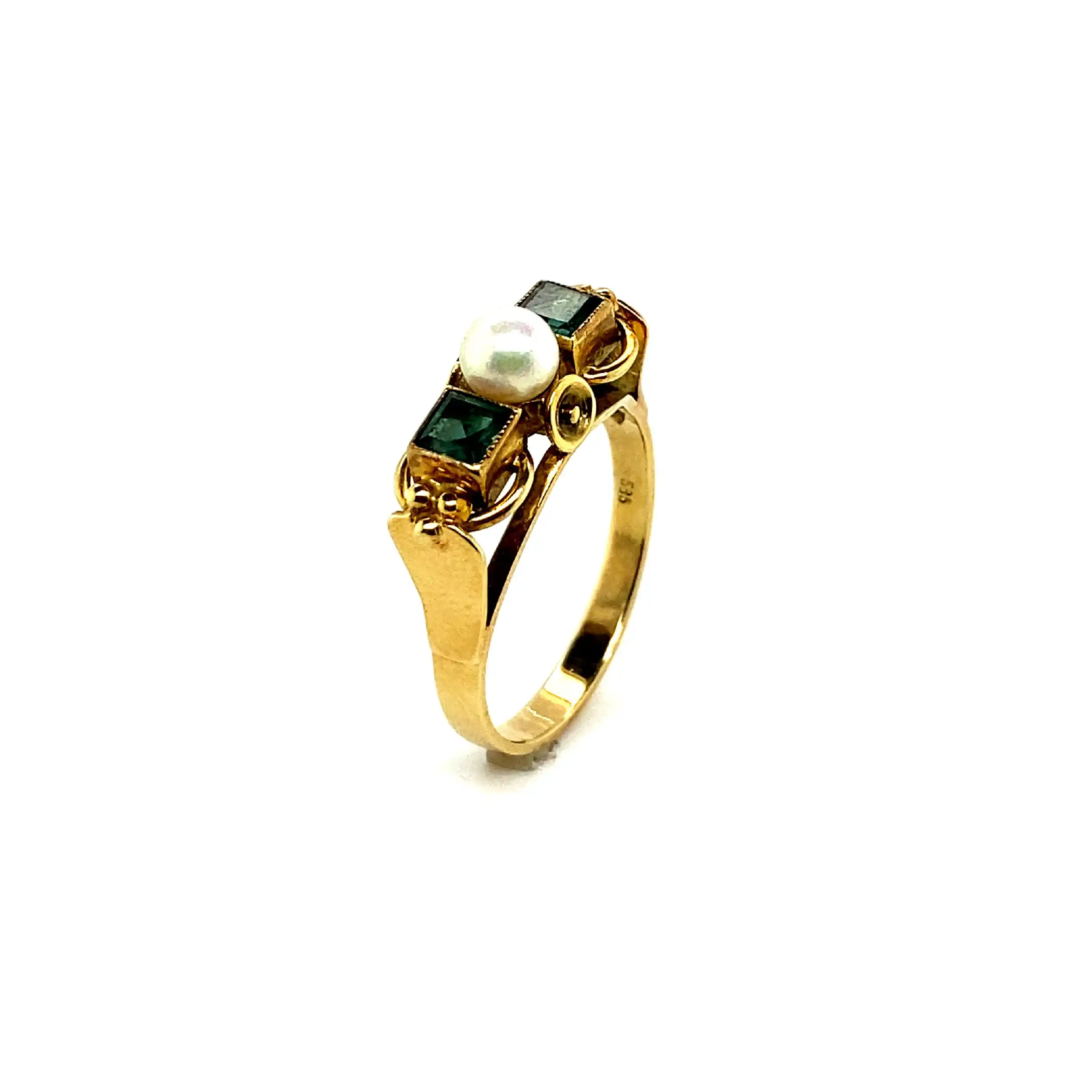 Ring Gelbgold mit grünen Steinen und Perle Ring Gelbgold mit grünen Steinen und Perle