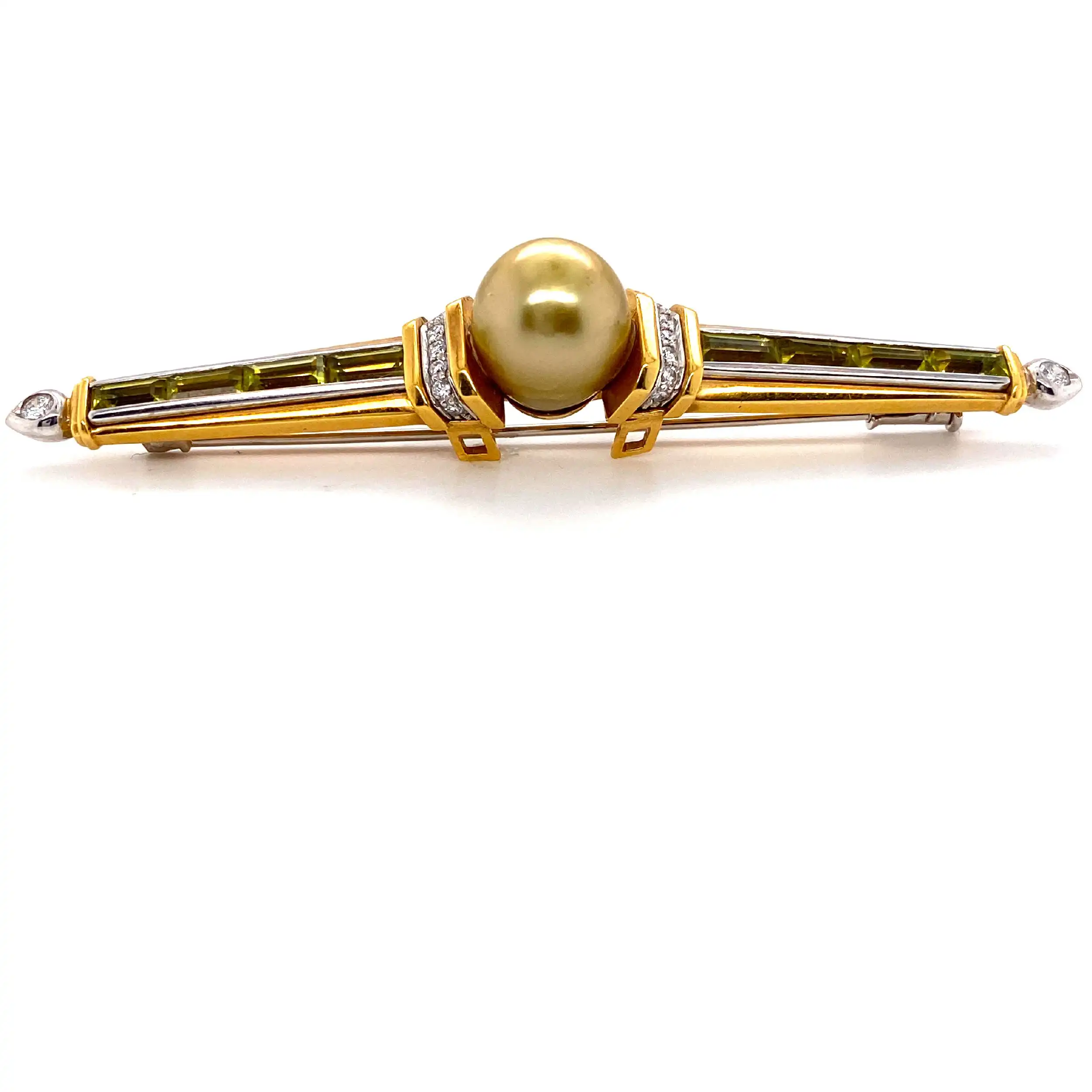 Brosche Gelbgold mit Perle, Peridot und Brillant Brosche Gelbgold mit Perle, Peridot und Brillant