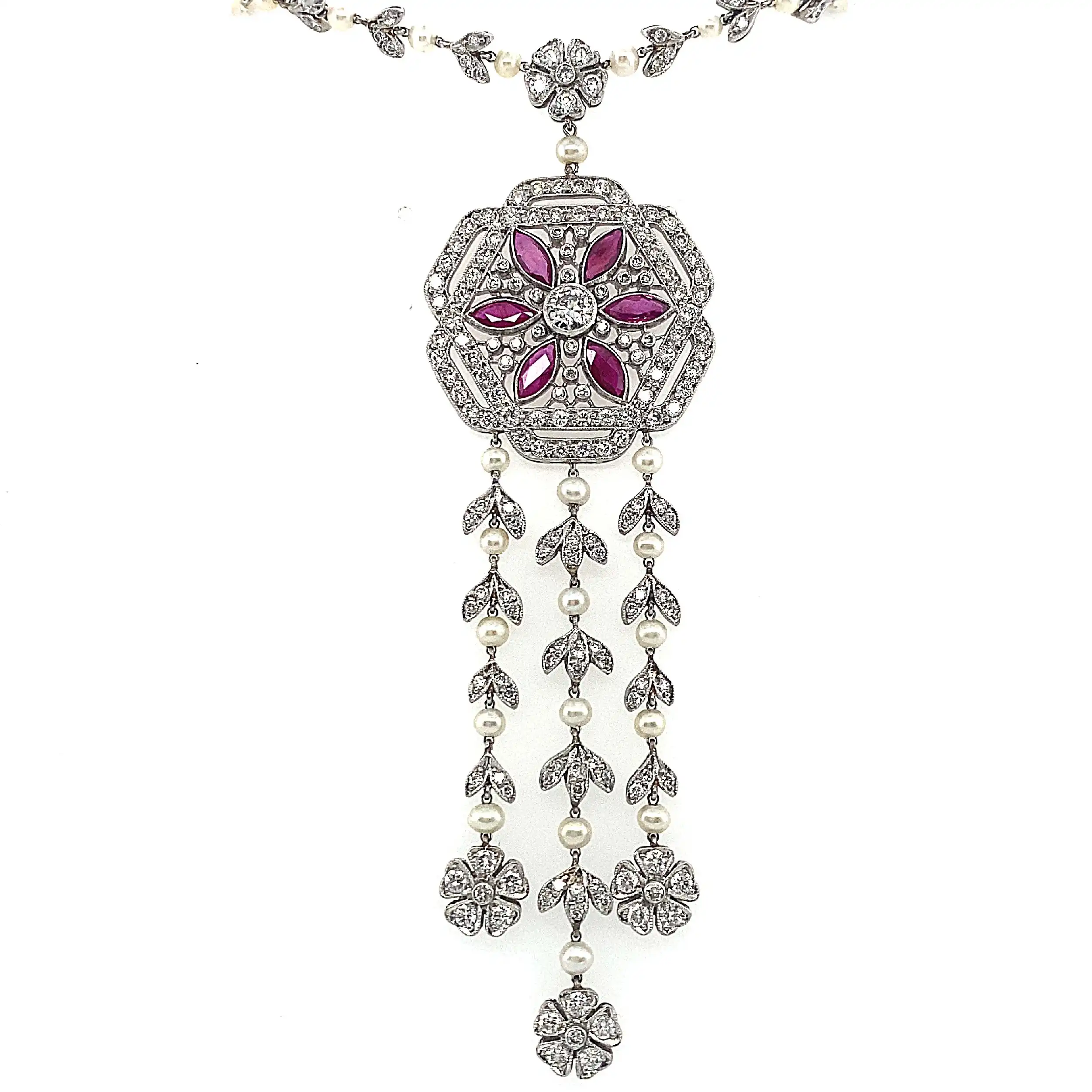 Art Deco Collier Platin mit Brillanten, Rubinen und Saatperlen von ca. 1930-1940, mit Befundbericht von EPL Art Deco Collier Platin mit Brillanten, Rubinen und Saatperlen von ca. 1930-1940, mit Befundbericht von EPL
