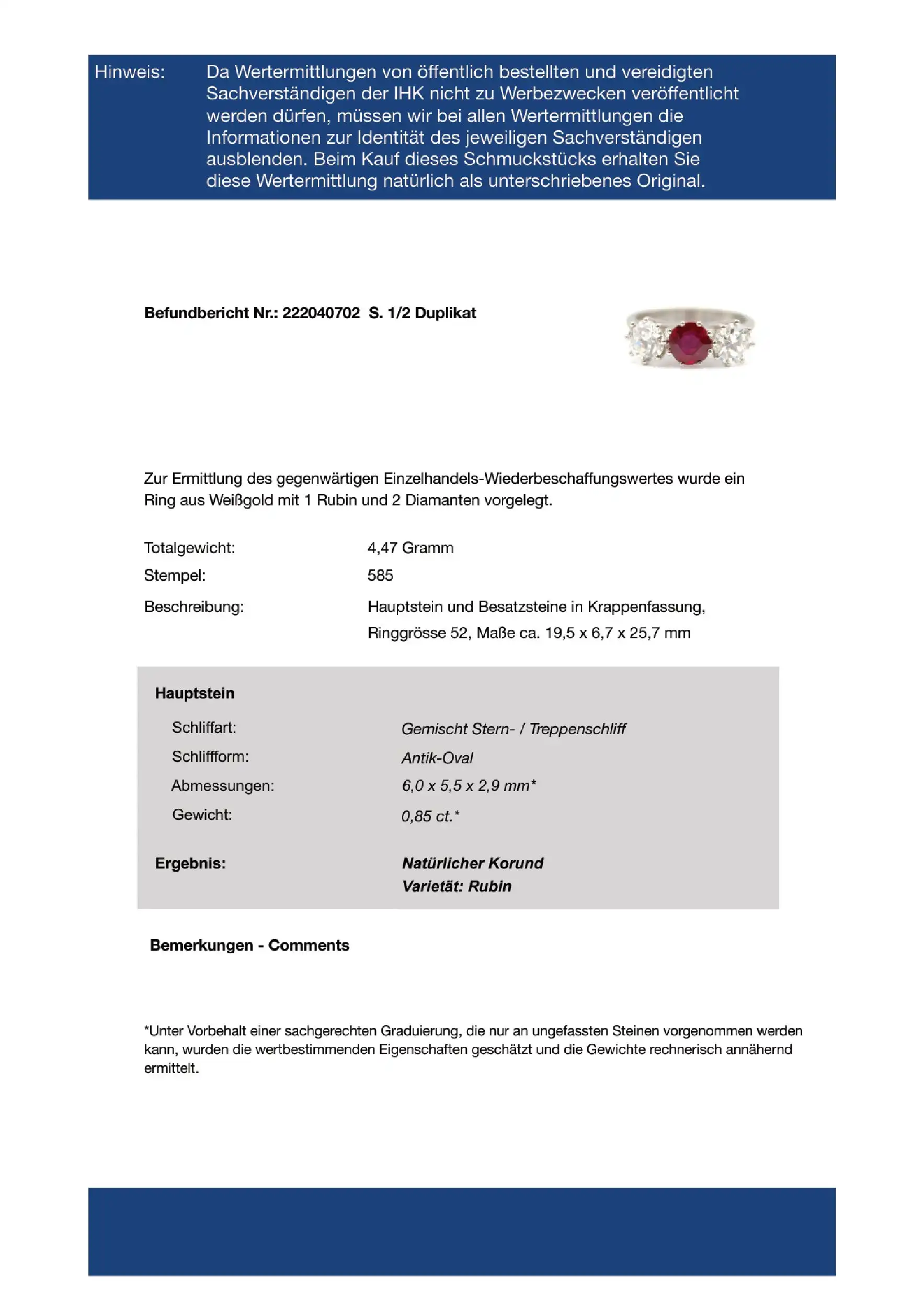 Ring Weißgold mit Rubin und Brillanten, mit EPL Expertise Ring Weißgold mit Rubin und Brillanten, mit EPL Expertise