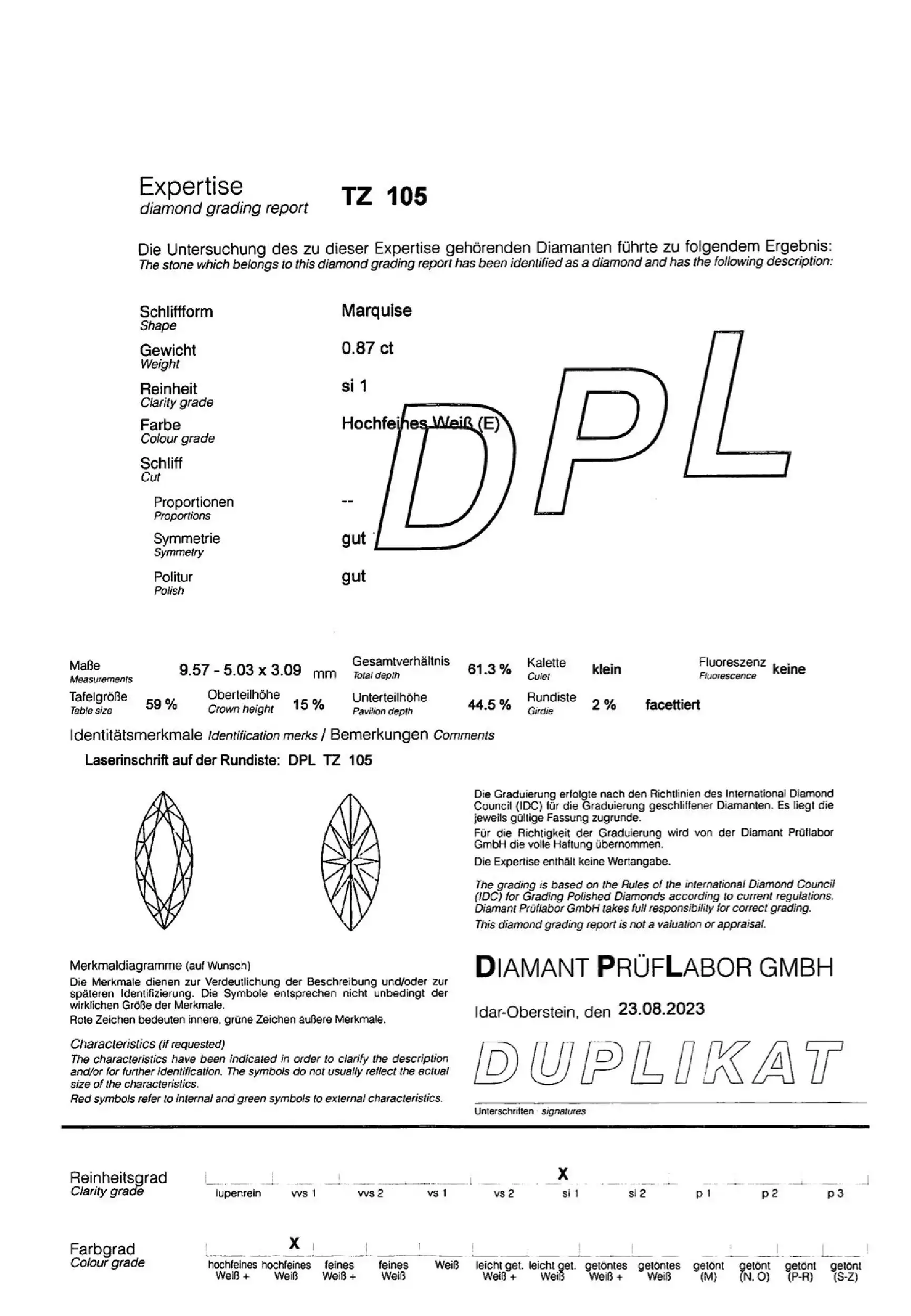 Diamant Marquiseschliff 0,871ct E/SI1 G/G, eingeschweißt mit Expertise von DPL Diamant Marquiseschliff 0,871ct E/SI1 G/G, eingeschweißt mit Expertise von DPL