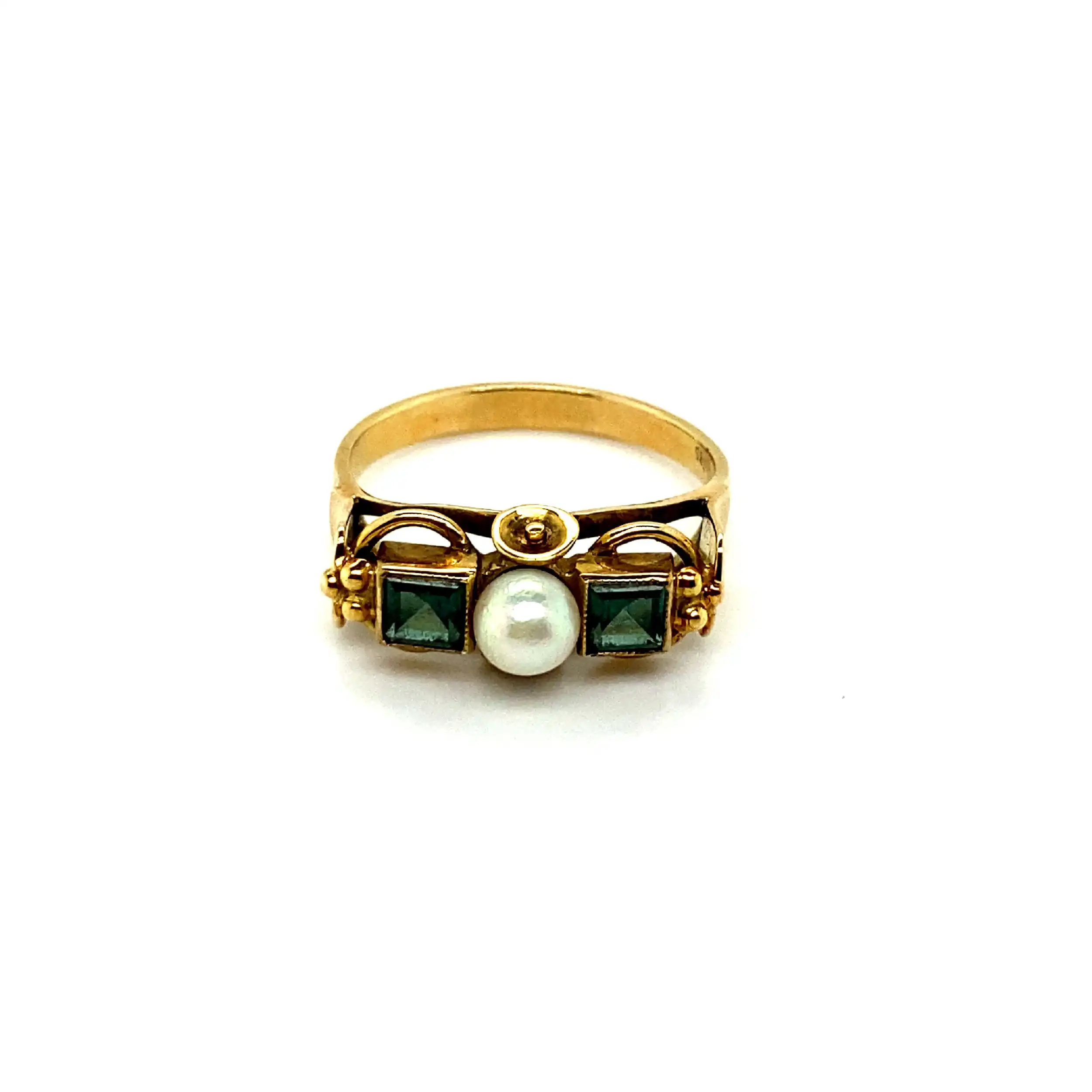 Ring Gelbgold mit grünen Steinen und Perle