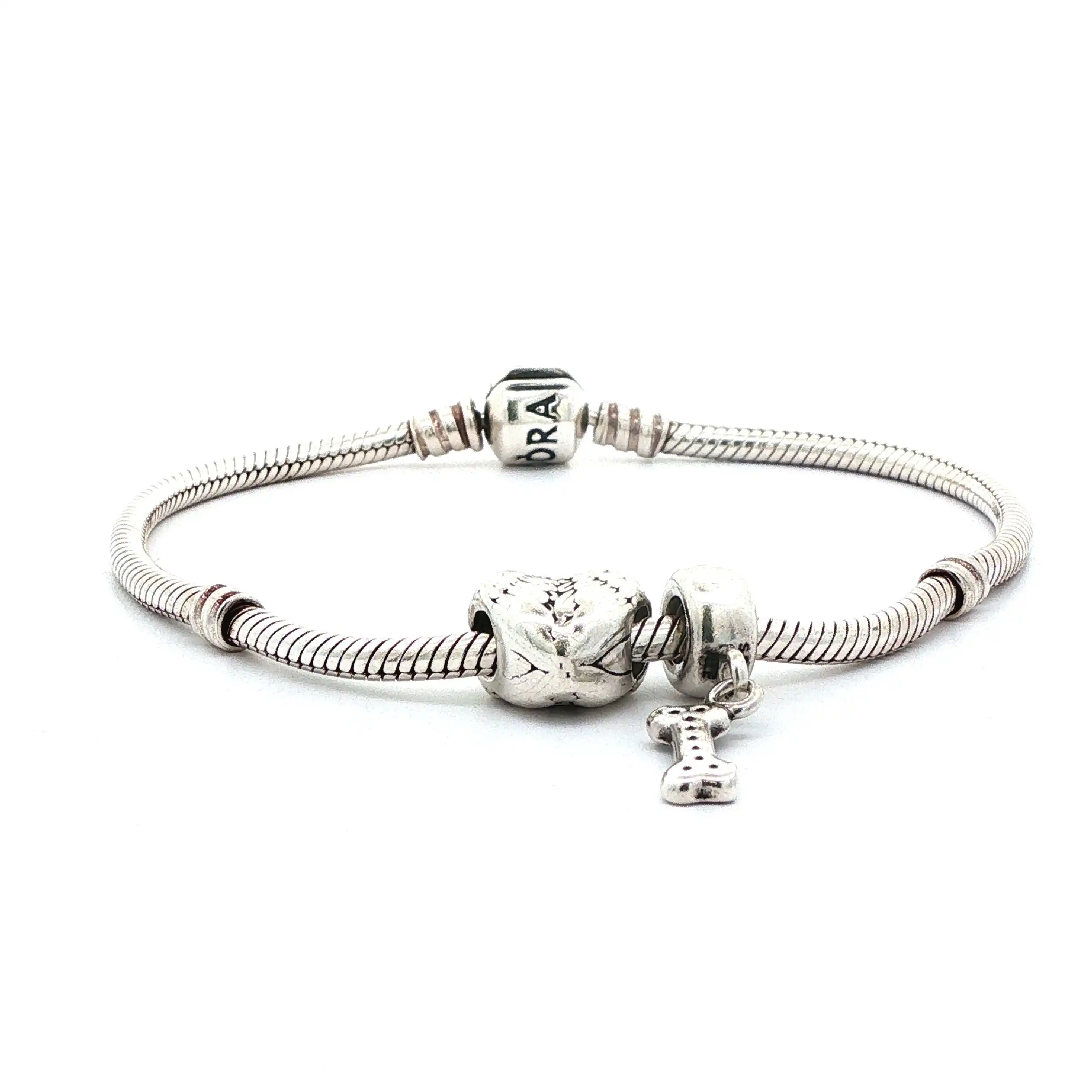 Armband Silber Pandora mit Charms, Herz & Knochen
