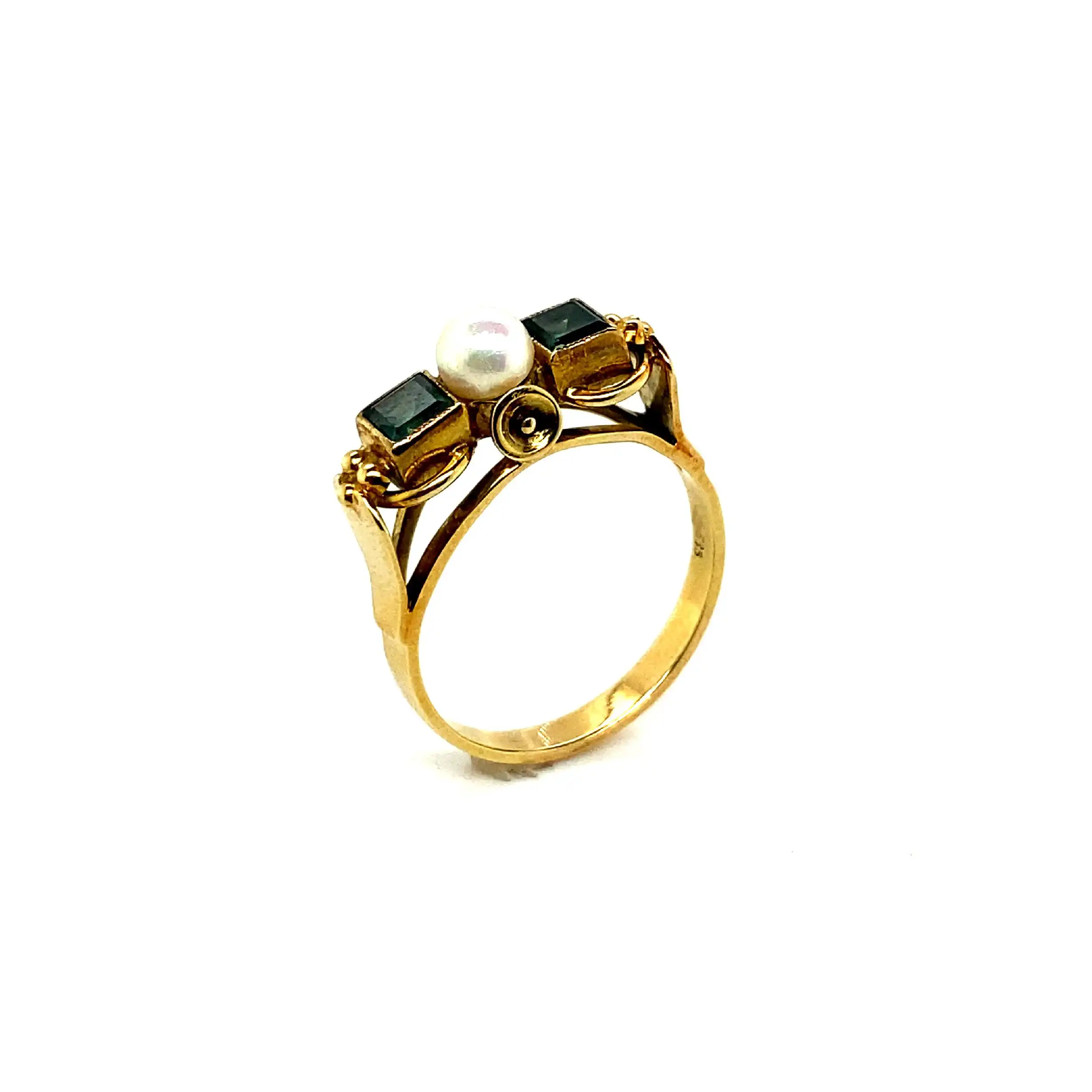 Ring Gelbgold mit grünen Steinen und Perle Ring Gelbgold mit grünen Steinen und Perle