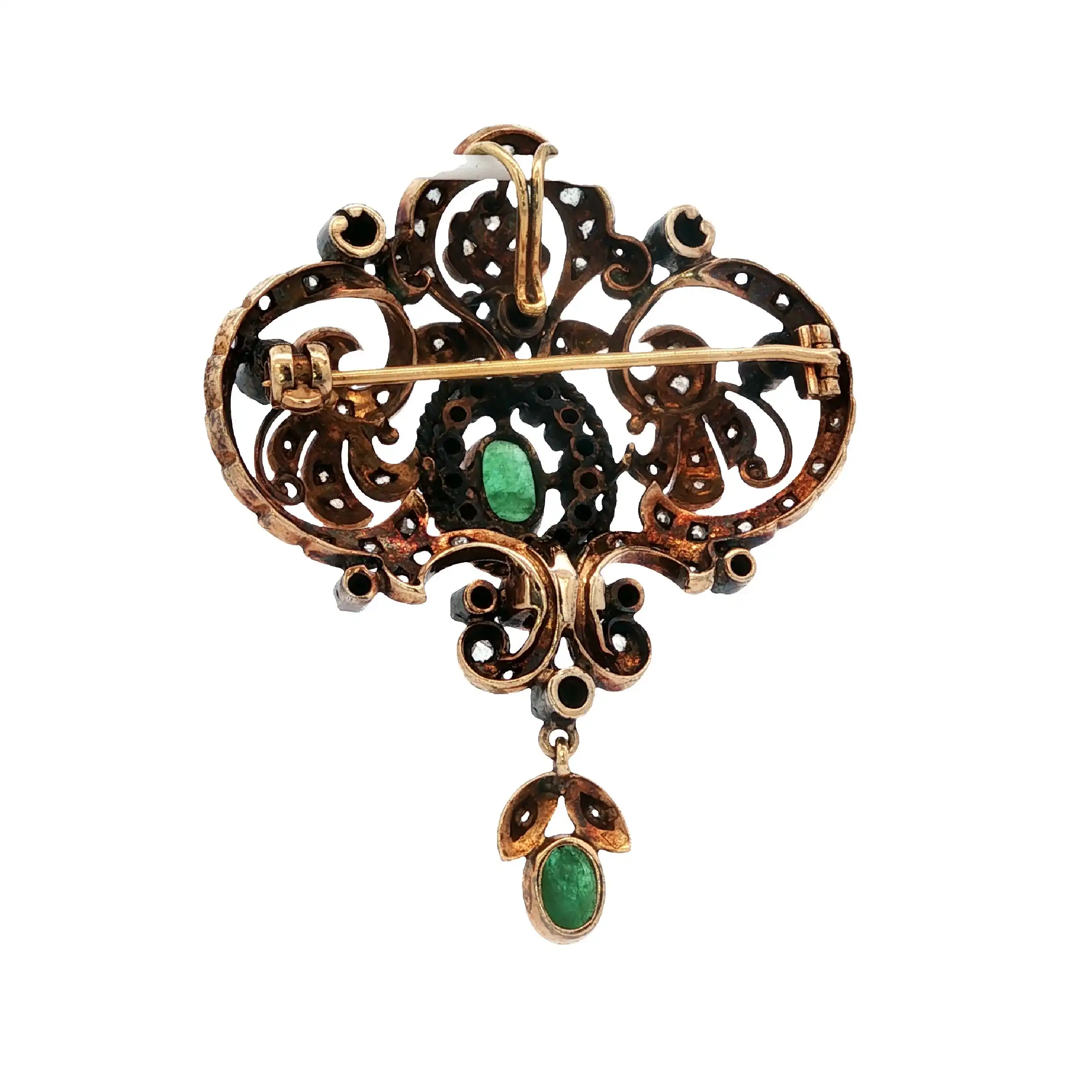Brosche/Anhänger "Belle Époque" um 1900 mit Diamantrosen und Smaragden