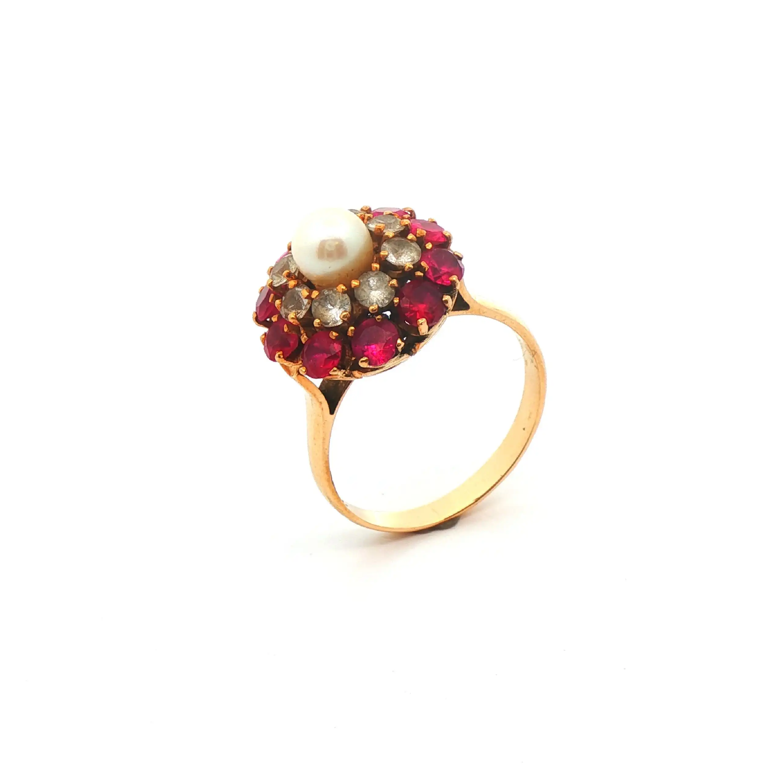 Ring Gelbgold mit Perle und weiß/rote Farbsteine